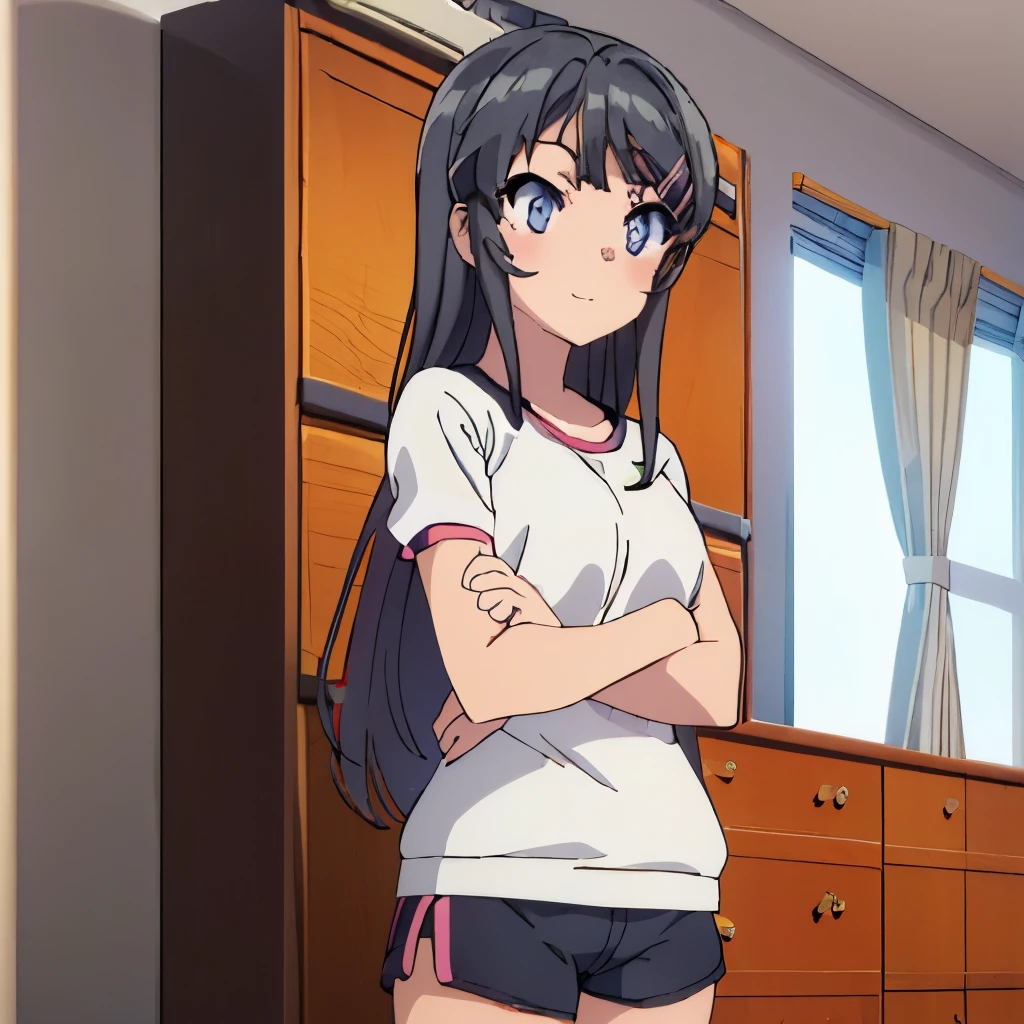 ((muste piece)), ((best quality)), (Super detailed), anime style etc., pretty girl, 1 girl, sottle:1.2), Gym Shorts 00, ((beautiful eyes))0, shy smile