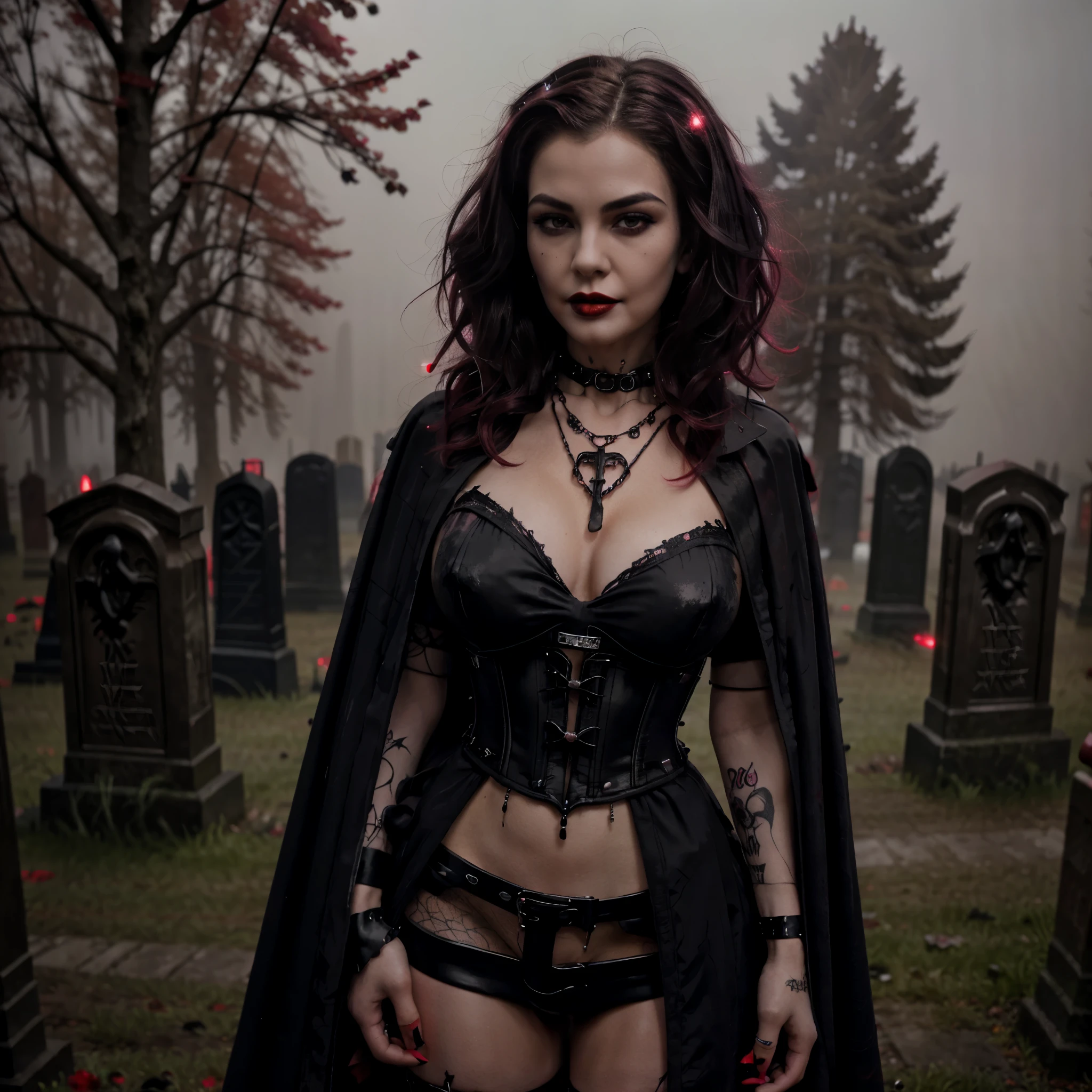 Beautiful 20 year old woman, large tits, with short messy wavy pink hair, wearing a red corset with black accents and black cloak, standing in a foggy cemetery at night, (red lipstick:1.5), realistic skin texture, (cross necklace:1.2), (looking at camera:1.3), (Glowpunk and Gothic Art:1.4), photo realistic, 8k