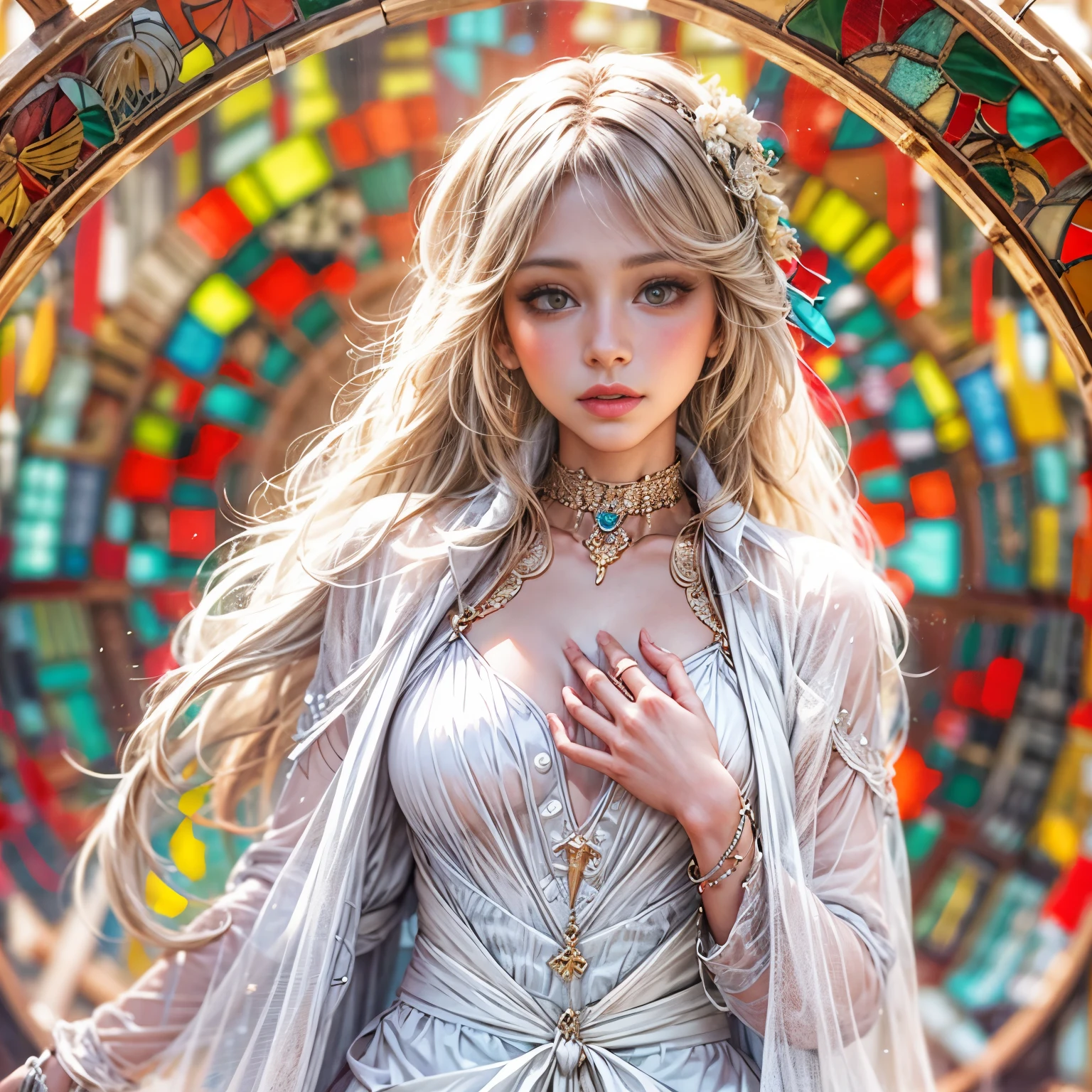 from below:1.2, (((masutepiece:1.35))), (((8K,Acutance, exposed))), (((hight resolution))), surrealism, god rays, Zoom Layer, (((photorealistic:1.37))), F/4.0, canon, Detailed glistening skin,Detailed face, Detailed eyes, Beautiful bride goddess, Princes Tiara, delicate lace knitted see-through wedding dresses, Mystical sight, ((Light shines through stained glass:1.2)), Gigantic Cleavage:1.37, Overflowing, Biomechanical HUGE and HEAVY boob, (navel), (brilliant simple ruby accessories), { ((correct hands))|((hidden hands)) }