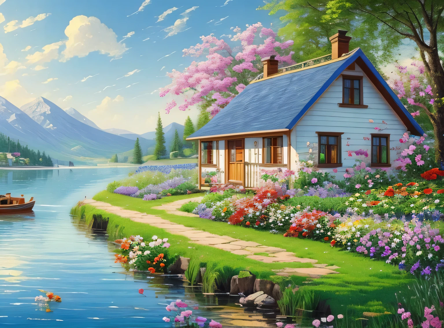 pintura de uma casa de campo, flores ao lado da cerca, cerca ao longo da estrada, paisagem da montanha com um lago e um barco, birds flying in the blue sky, matte painting illustration, inspirado por Thomas Kinkade, symmetrical matte painting, detailed cenary , estilo cru, 8 k ultra detalhado