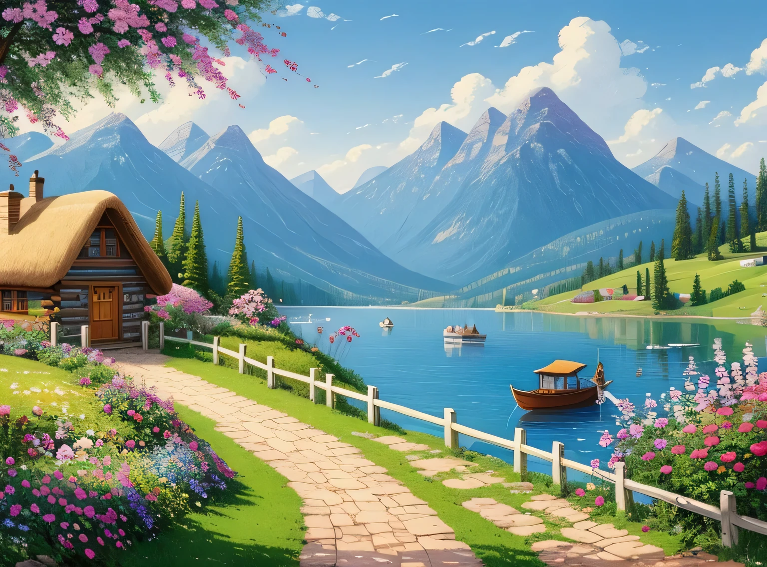 pintura de uma casa de campo, flores ao lado da cerca, cerca ao longo da estrada,  paisagem da montanha com um lago e um barco, birds flying in the blue sky, matte painting illustration,  inspirado por Thomas Kinkade, symmetrical matte painting, detailed cenary , estilo cru, 8 k ultra detalhado