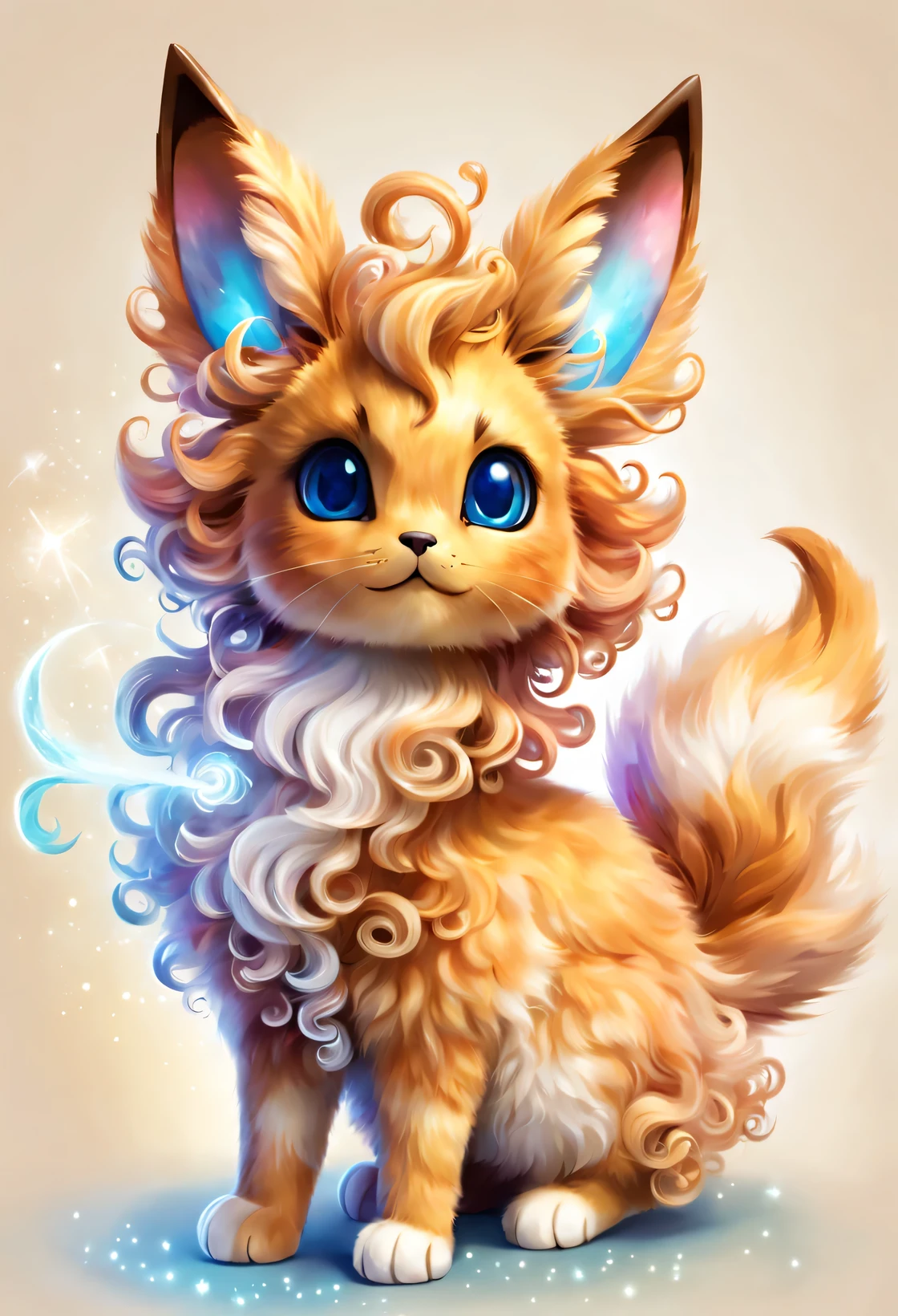 Create a cute magical creature，Based on eevee，The fusion of cats and curly hair