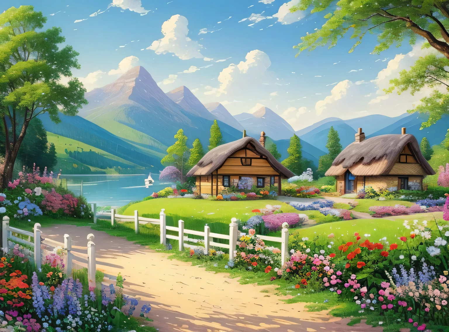 pintura de uma casa de campo, flores ao lado da cerca, cerca ao longo da estrada,  paisagem da montanha com um lago e um barco, birds flying in the blue sky, matte painting illustration,  inspirado por Thomas Kinkade, symmetrical matte painting, detailed cenary , estilo cru, 8 k ultra detalhado