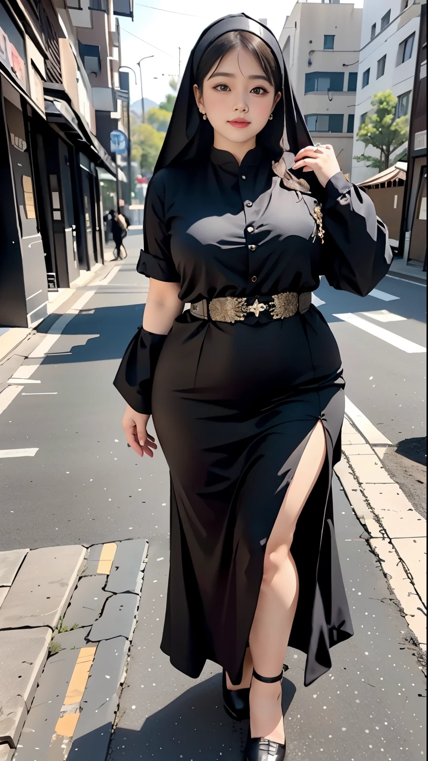arafed woman in a black dress Stand on a sidewalk, hijab fashion model, hijabi outfit, thicc, hijab, korean woman, wearing black robe, asian woman, bbwchan, photograph of a techwear woman, hijab, wearing a black robe, woman in black robes, random pose, wearing dark robe, asian women, korean girl, red sneakers, chubby cheeks. Full body, , 70 years old woman, thick body, beautiful thick female, wide hips, thick legs, she has a jiggly fat round belly, thick thighs, curvy hourglass figure, thicc, curvy model, widest hips, hyperrealistic full figure, bbwchan, voluptuous body, thick, , hena on arm, hena in belly, , muslim clothes, 70 years oldwoman. , chubby cheeks, Body height 170 cm. 70 years old woman, tall woman