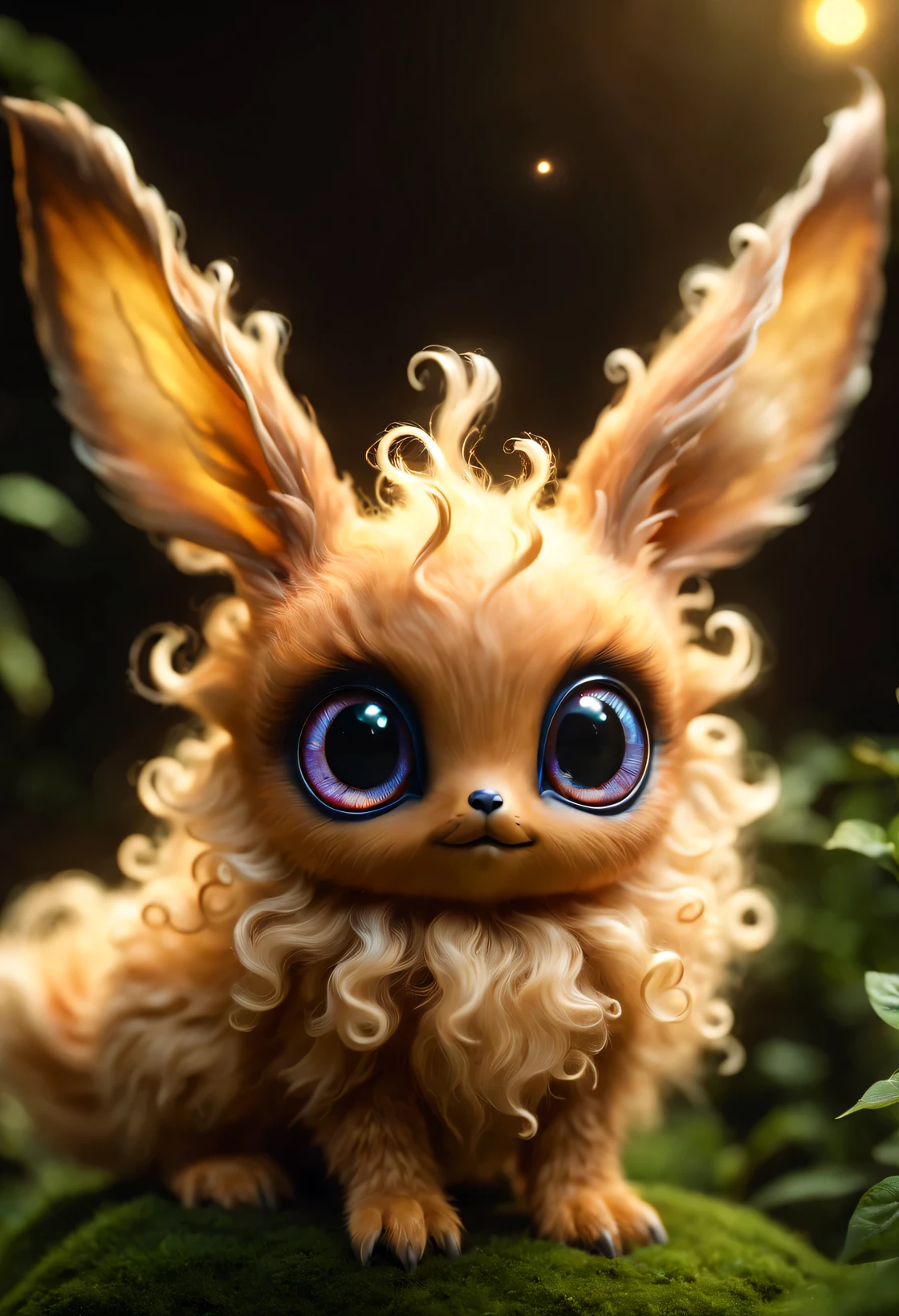 Create a cute magical creature，Based on eevee，The fusion of cats and curly hair
