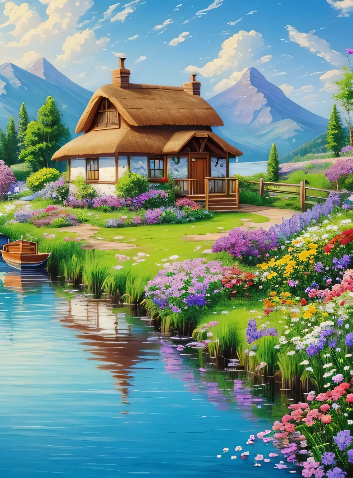 pintura de uma casa de campo, flores ao lado da cerca, cerca ao longo da estrada,  paisagem da montanha com um lago e um barco, birds flying in the blue sky, matte painting illustration,  inspirado por Thomas Kinkade, symmetrical matte painting, detailed cenary , estilo cru, 8 k ultra detalhado