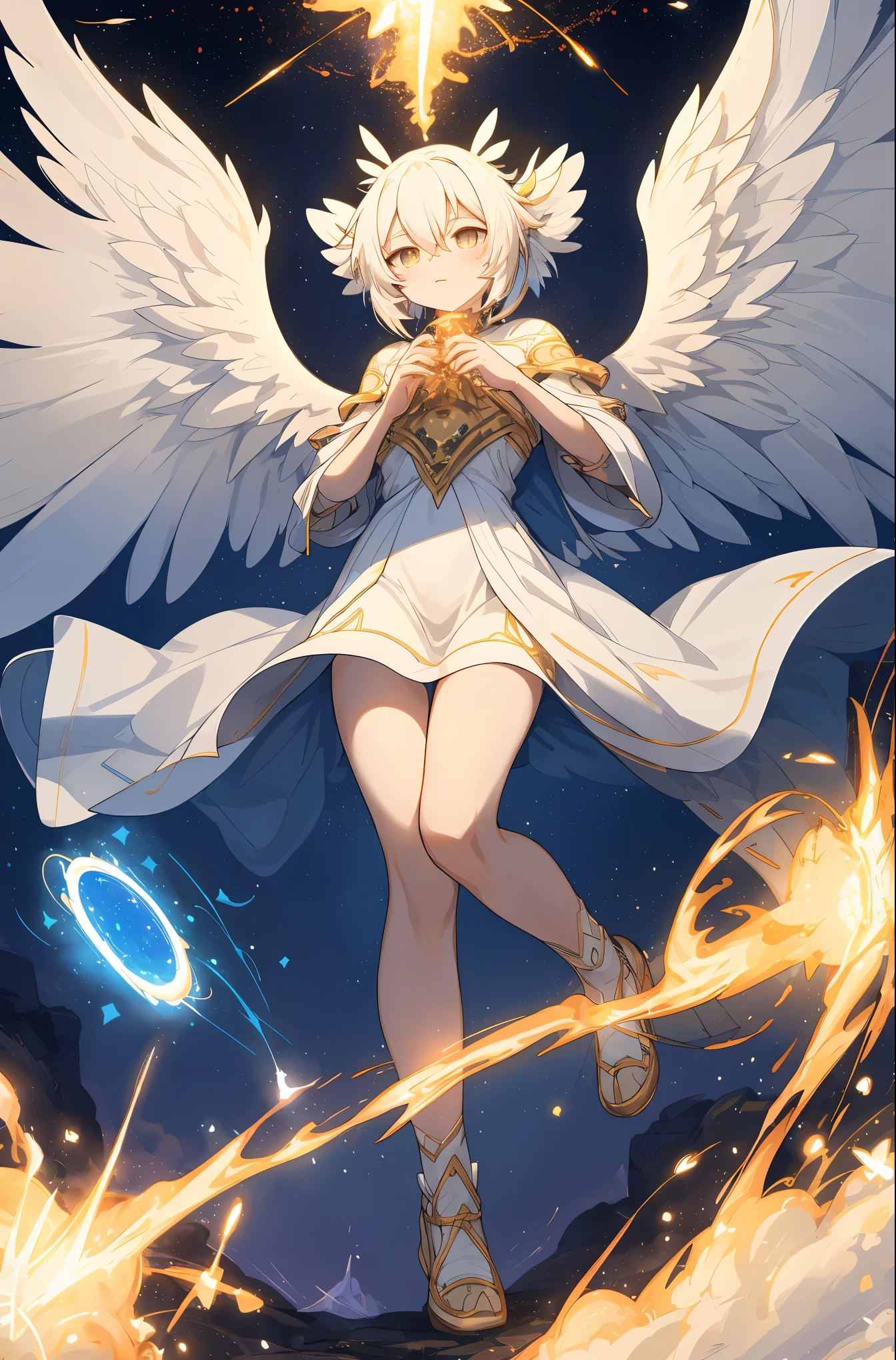 (masterpiece), (best quality:1.4), absurdres, [:intricate details:0.2], angel, angel wings, milky way, sky, shimmering aura, intense focus, crackling energy, mysterious symbols, sparkling motes,