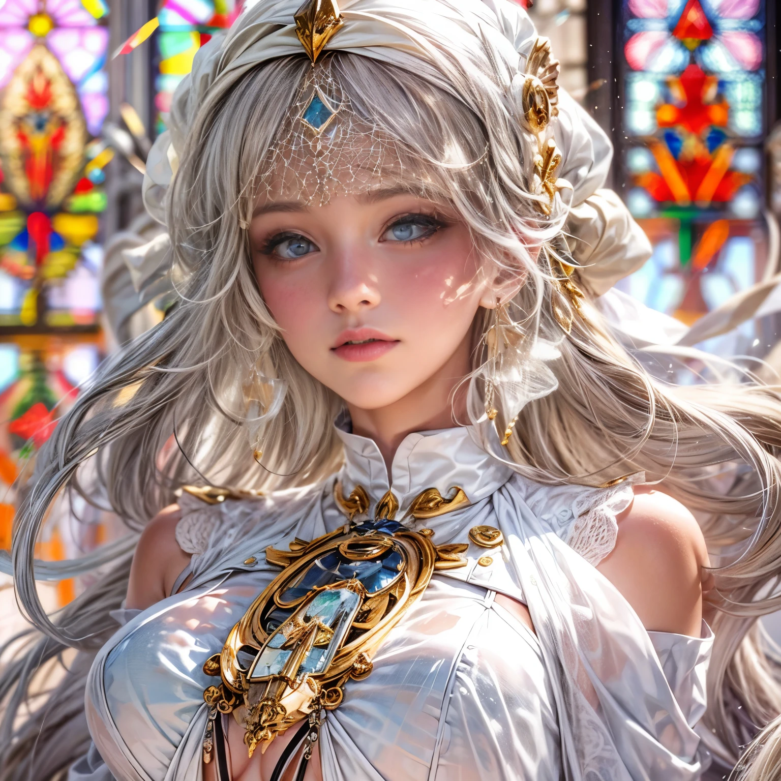Sexy girl in ((WHITE)) loose opened uniform, with Glossy RED lips, (Exposed:0.7), (nipple:-1), { Extremely closeup | Dynamic-angle }, ((Dazzling stained glass Background)), (( colorful Light pours down from stunning elaborate stained glass:1.2)), vivid Red colors . ((Acutance:0.8, physically-based 3D rendering with Volumetric lighting)), (masterpiece:1.2), (ultra-detailed:1.35), (realistic, photorealistic, ((photo-realistic:1.37))with touch of rawness) . ((Renbutsu Misako)), (Extremely detailed KAWAII face variations, with Dynamic expressions),  detailed eyes with sparkling highlights, captivating gaze, long eyelashes, subtle blush on the face, rosy cheeks, impeccable ivory skin texture . { full of flowers covering girl's body | Mystic sight | haze | Light Particle | Luminous Particle | Lens Flare | A Halo in the air | Overflowing underboob | Button Undoned } . (((Unaligned fingers:-0.9))) .