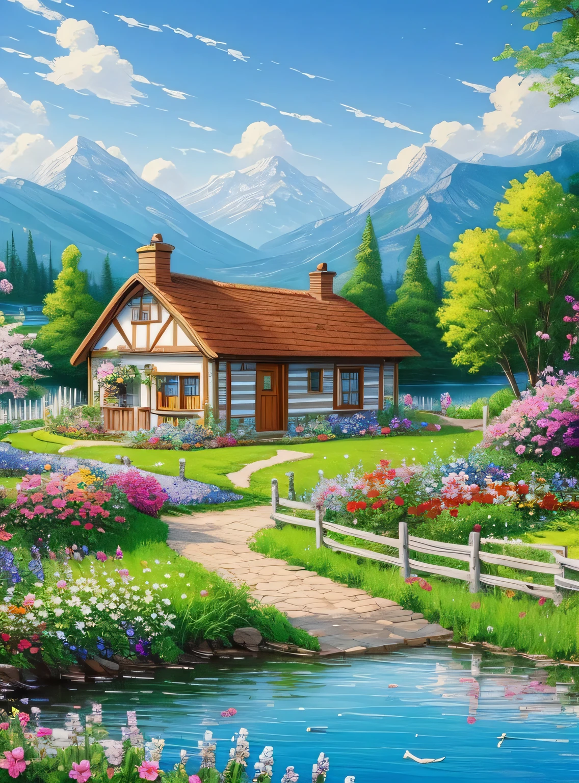 pintura de uma casa de campo, flores ao lado da cerca, cerca ao longo da estrada,  paisagem da montanha com um lago e um barco, birds flying in the blue sky, matte painting illustration,  inspirado por Thomas Kinkade, symmetrical matte painting, detailed cenary , estilo cru, 8 k ultra detalhado