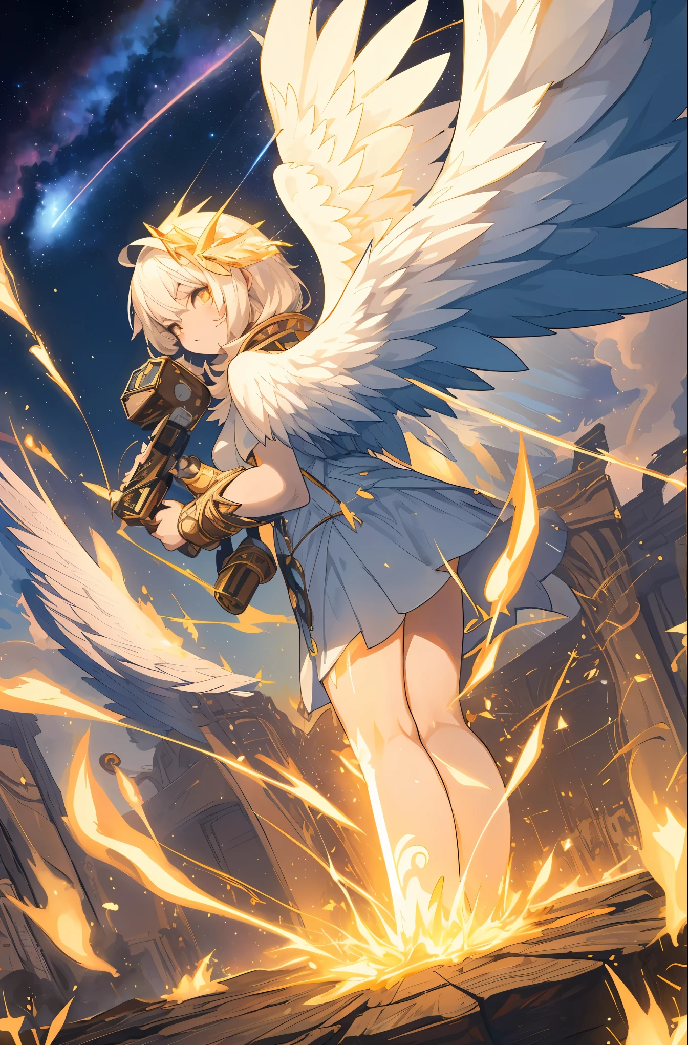 (masterpiece), (best quality:1.4), absurdres, [:intricate details:0.2], angel, angel wings, milky way, sky, shimmering aura, intense focus, crackling energy, mysterious symbols, sparkling motes,