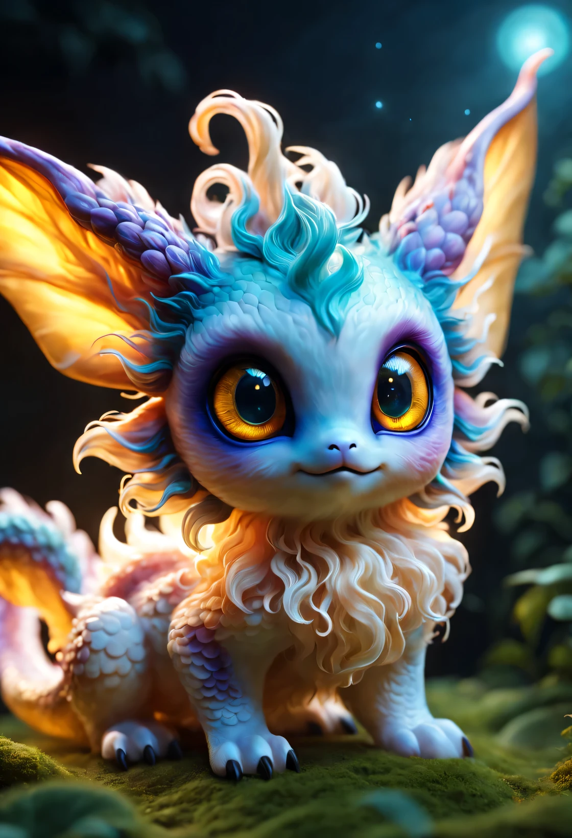 Create a cute magical creature，Based on eevee，The fusion of cats and curly hair