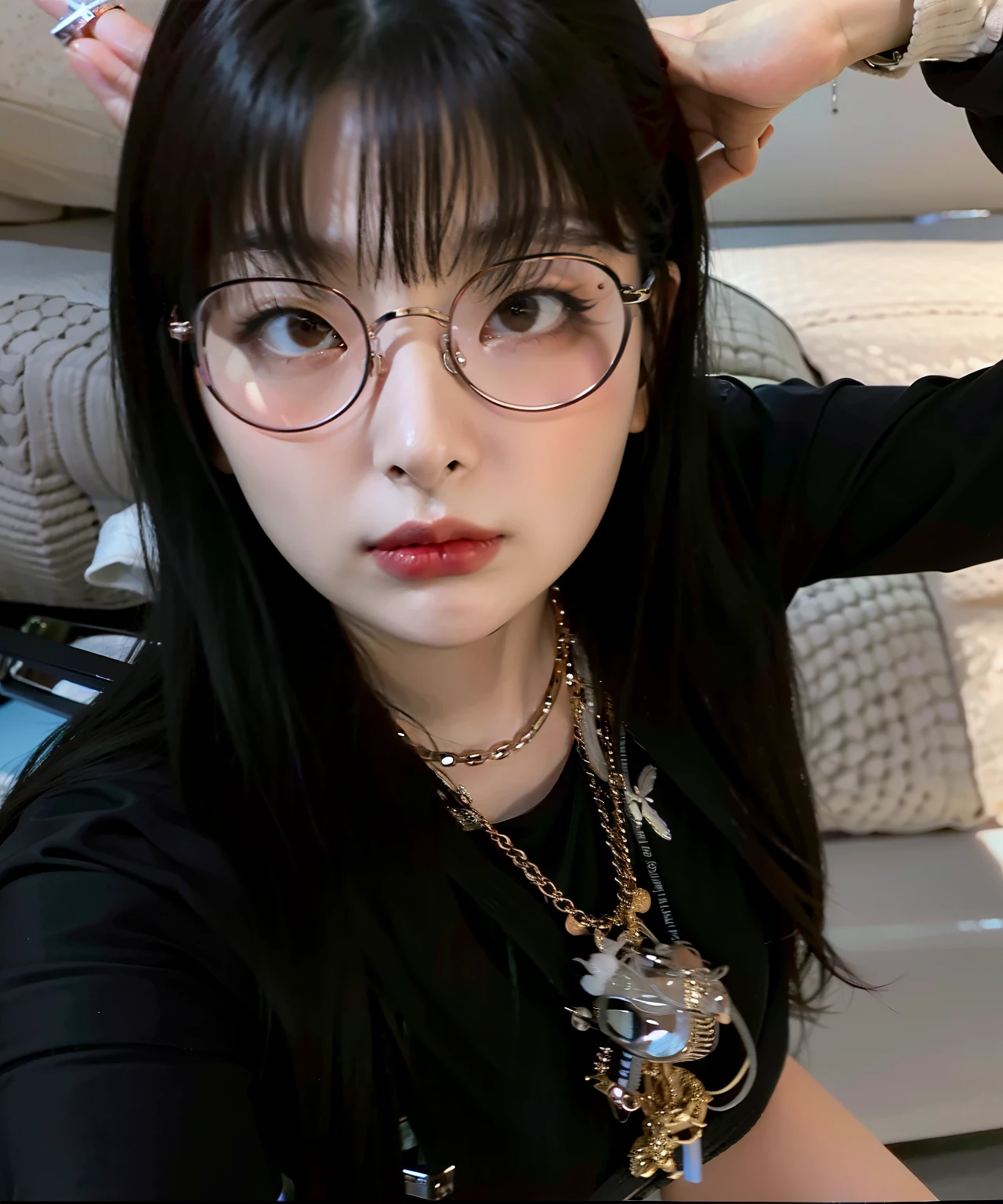 araffe woman com glasses and a necklace sitting on a bed, Ulzzang, com glasses, usando glasses redondos grandes e finos, usando pequenos glasses redondos, com glasses pretos, usando glasses redondos, Heonhwa Choe, usando glasses de armação preta, grandes glasses redondos, girl usando glasses redondos, cruel korean goth girl, glasses, Retrato de Jossi do Blackpink