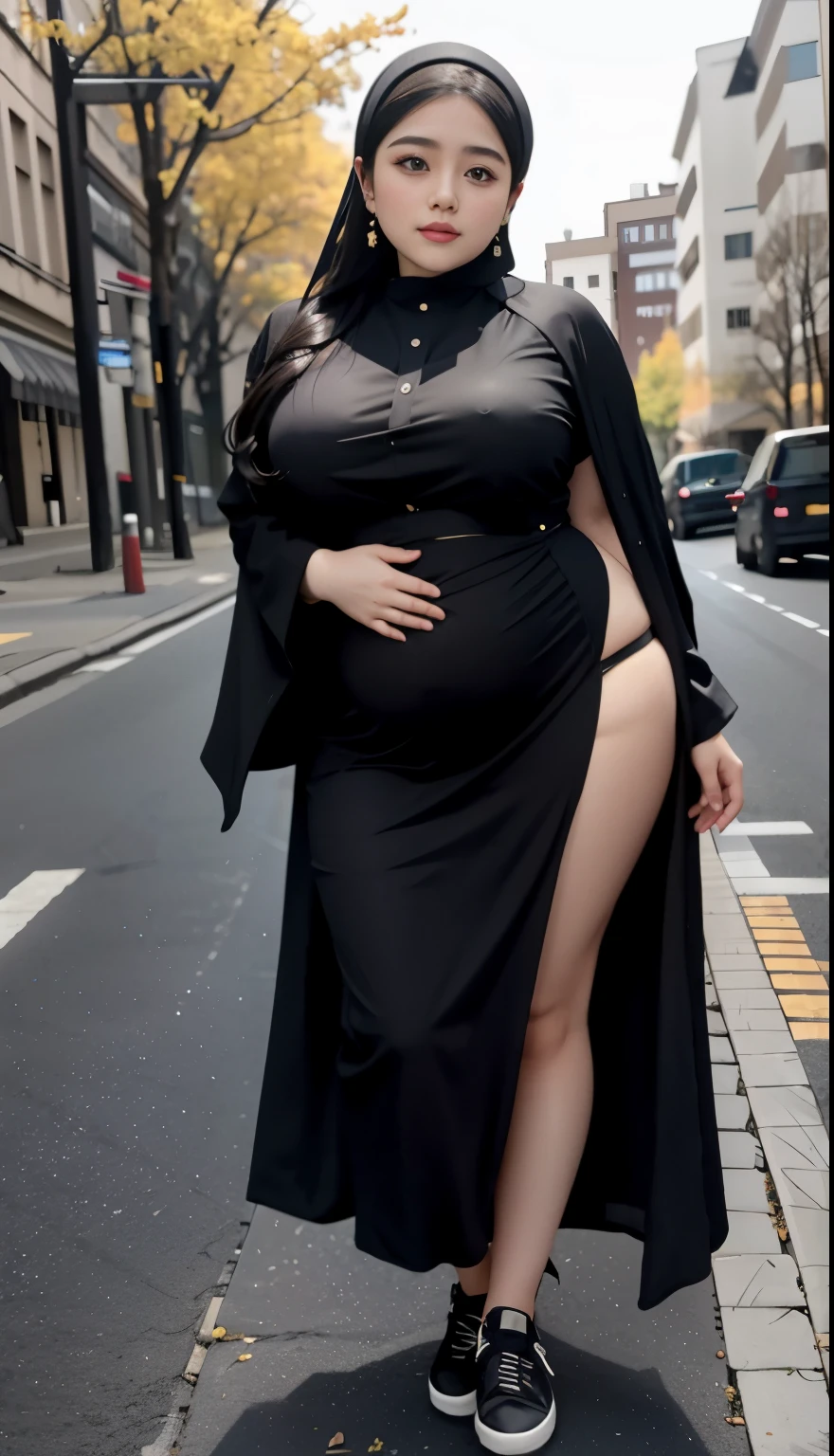 arafed woman in a black outfit Sitting in a chair on a sidewalk, hijab fashion model, hijabi outfit, thicc, hijab, korean woman, wearing black robe, asian woman, bbwchan, photograph of a techwear woman, hijab, wearing a black robe, woman in black robes, random pose, wearing dark robe, asian women, korean girl, red sneakers, chubby cheeks. Full body, , 35 years old, thick body, beautiful thick female, wide hips, thick legs, she has a jiggly fat round belly, thick thighs, curvy hourglass figure, thicc, curvy model, widest hips, hyperrealistic full figure, bbwchan, voluptuous body, thick, , hena on arm, hena in belly, , muslim clothes, 37 years woman. , chubby cheeks,