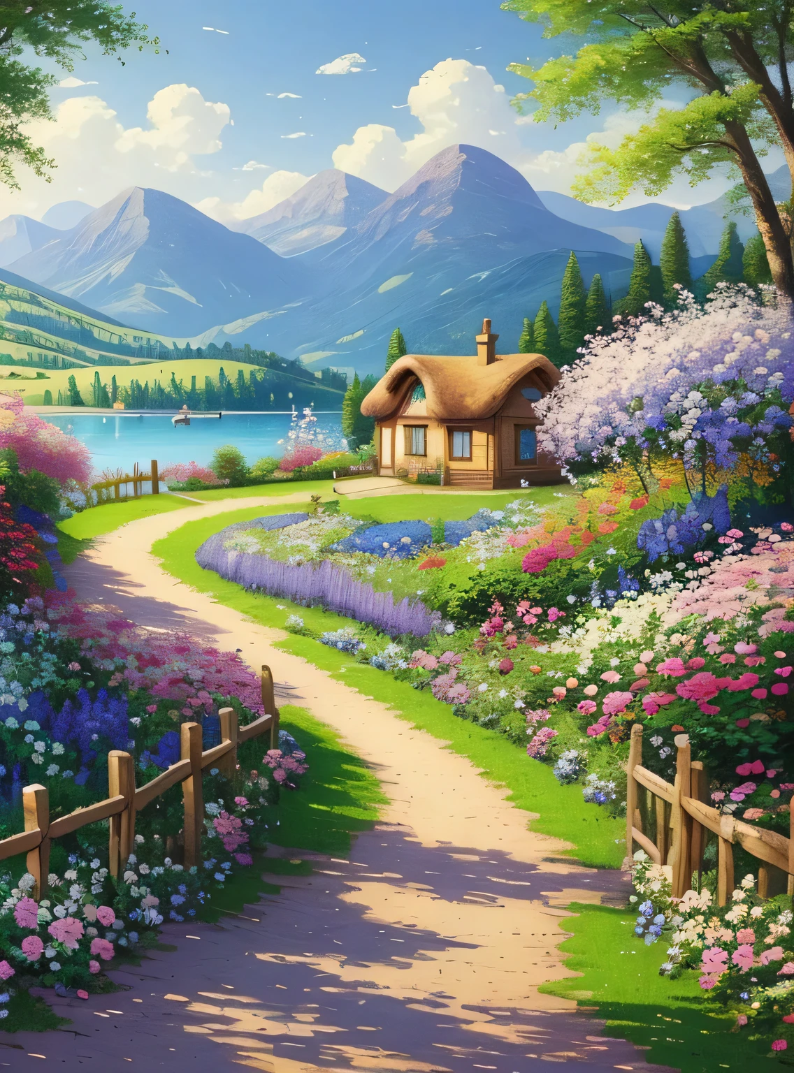 pintura de uma casa de campo, flores ao lado da cerca, cerca ao longo da estrada, paisagem da montanha com um lago e um barco, birds flying in the blue sky, matte painting illustration, inspirado por Thomas Kinkade, symmetrical matte painting, detailed cenary , estilo cru, 8 k ultra detalhado