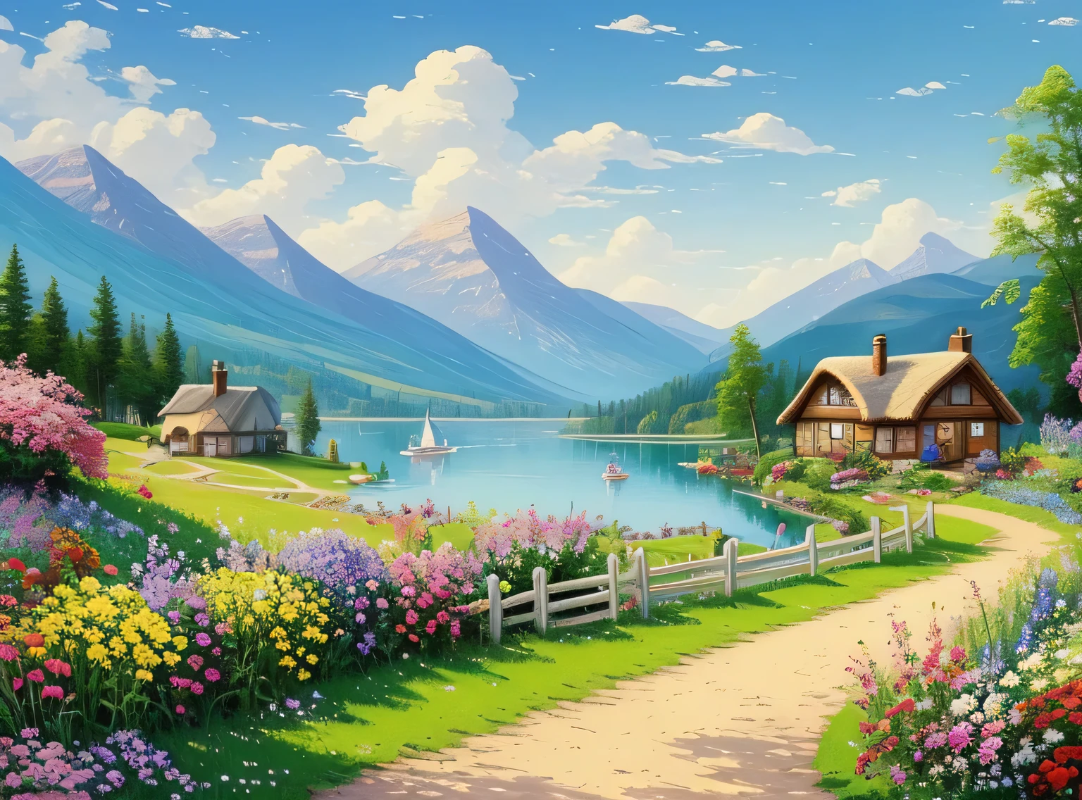 pintura de uma casa de campo, flores ao lado da cerca, cerca ao longo da estrada, paisagem da montanha com um lago e um barco, birds flying in the blue sky, matte painting illustration, inspirado por Thomas Kinkade, symmetrical matte painting, detailed cenary , estilo cru, 8 k ultra detalhado