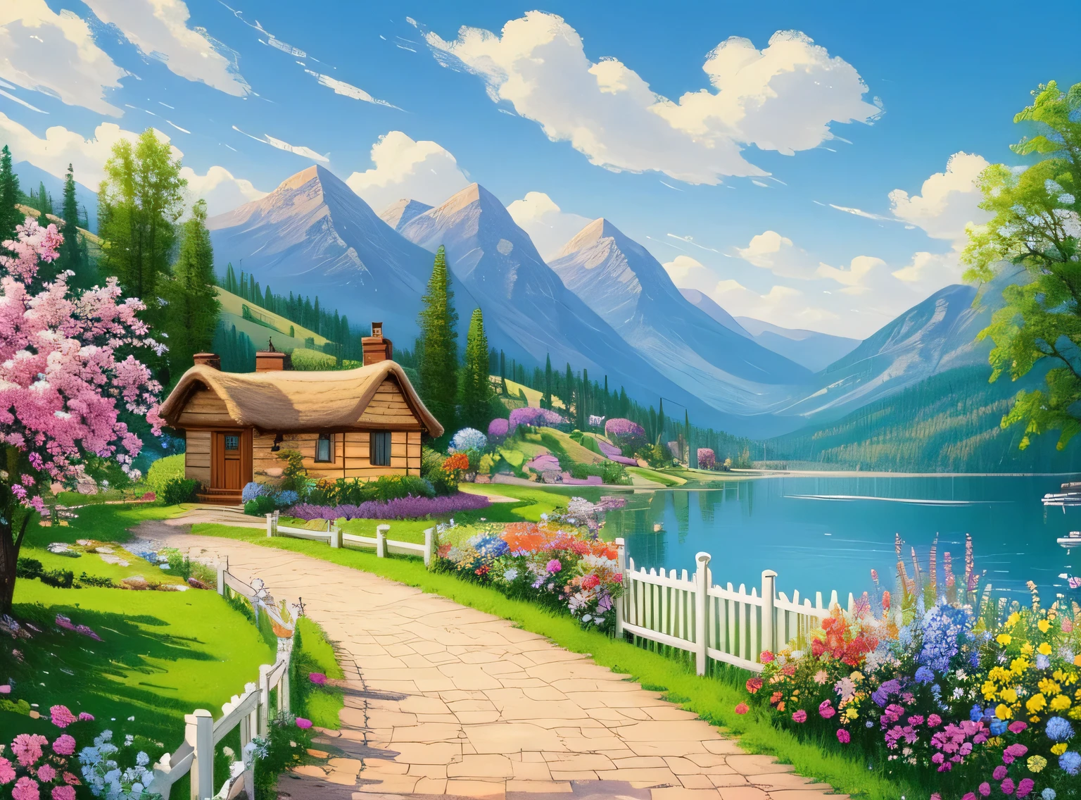 pintura de uma casa de campo, flores ao lado da cerca, cerca ao longo da estrada,  paisagem da montanha com um lago e um barco, birds flying in the blue sky, matte painting illustration,  inspirado por Thomas Kinkade, symmetrical matte painting, detailed cenary , estilo cru, 8 k ultra detalhado