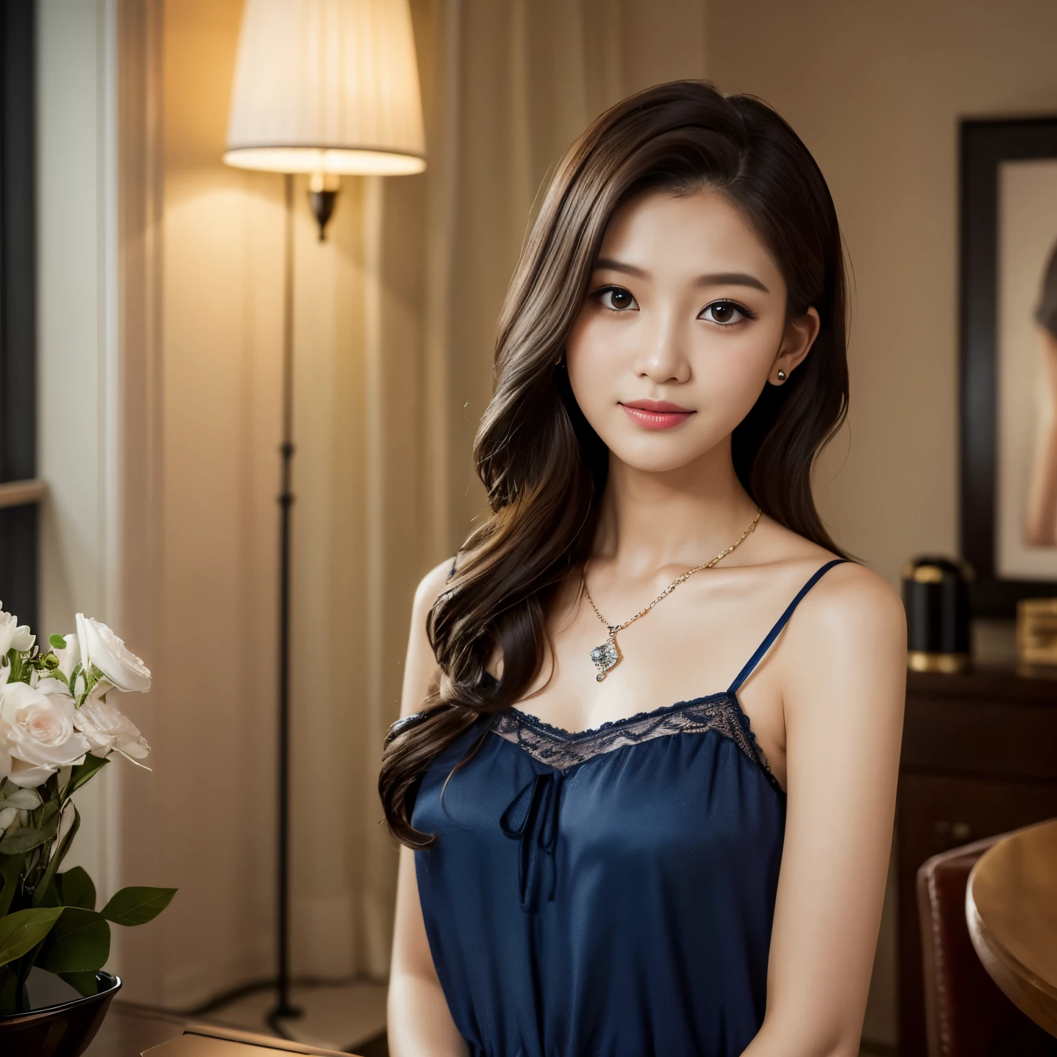 (highest quality、table top、8K、best image quality、hyper realism)、(One cute  girl)、(wearing a navy nightgown)、Moody warm lighting、romantic lighting、highly detailed face、Photo above the waist、A slight smile staring at me、accurate anatomy、Beautiful skin with high details、short bob、lipstick、beautiful lips、bewitching makeup、long eyelashes、beautiful eyeshadow、Small diamond necklace、standing elegantly、Large living room in luxury apartment、epic movie lighting、Portrait Photo