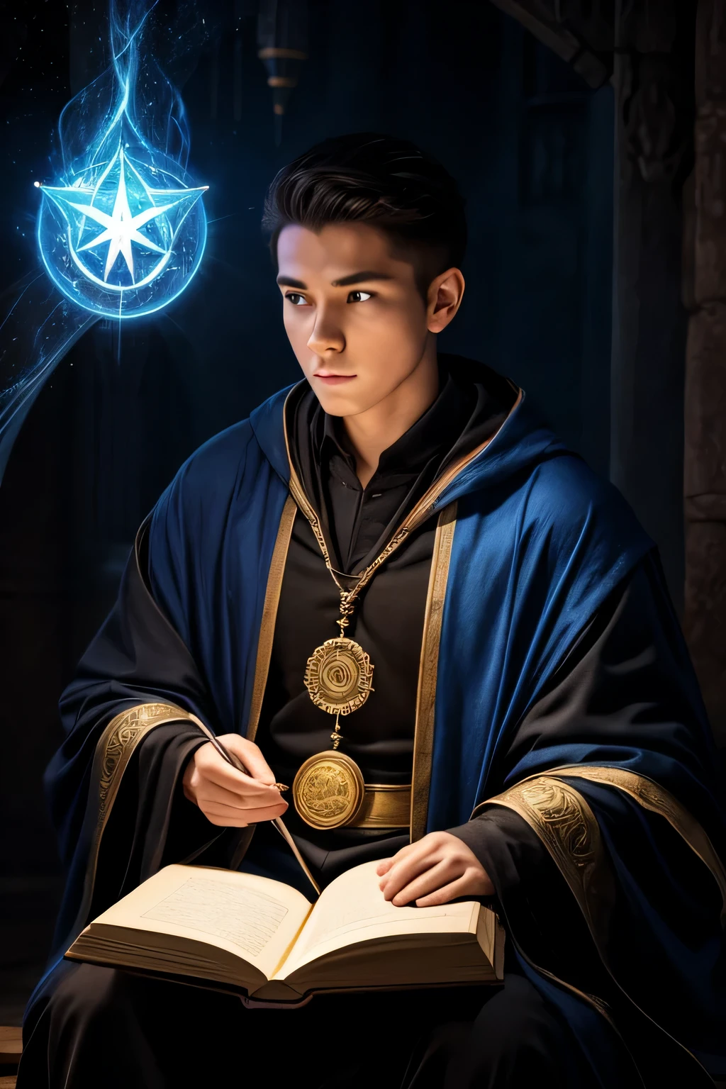 male, serious, wizard, age 23 years old, time magic