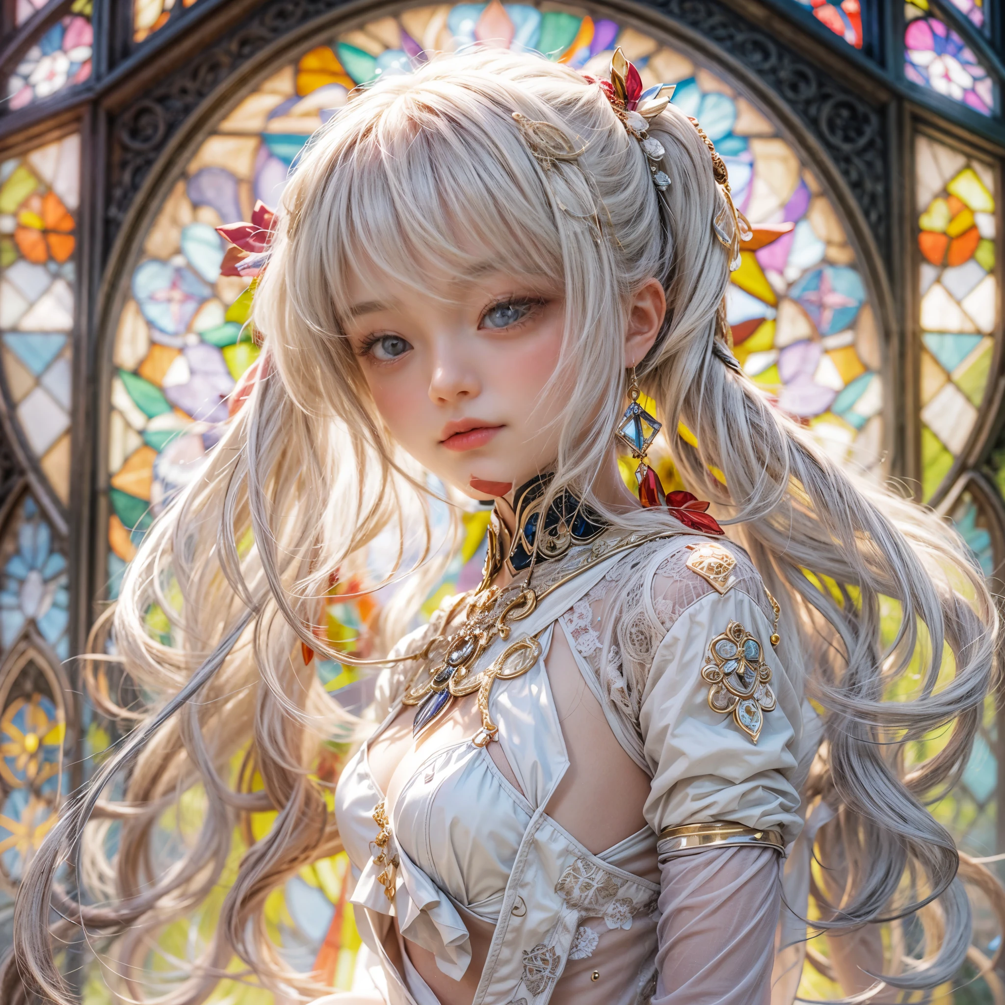 KAWAII girl in ((WHITE loose opened uniform)), with Glossy RED lips, (Exposed:0.7), (nipple:-1), { Extremely closeup | Dynamic-angle }, ((Dazzling stained glass Background)), (( colorful Light pours down from stunning elaborate stained glass:1.2)), vivid Red colors . ((Acutance:0.8, physically-based 3D rendering with Volumetric lighting)), (masterpiece:1.2), (ultra-detailed:1.35), (realistic, photorealistic, ((photo-realistic:1.37))with touch of rawness) . ((Renbutsu Misako)), (Extremely detailed KAWAII face variations, with Dynamic expressions),  detailed eyes with sparkling highlights, captivating gaze, long eyelashes, subtle blush on the face, rosy cheeks, impeccable ivory skin texture . { full of flowers covering girl's body | Mystic sight | God rays | haze | Light Particle | Luminous Particle | Lens Flare | A Halo in the air | Overflowing underboob | Button Undoned } . (((Unaligned fingers:-0.9))) .