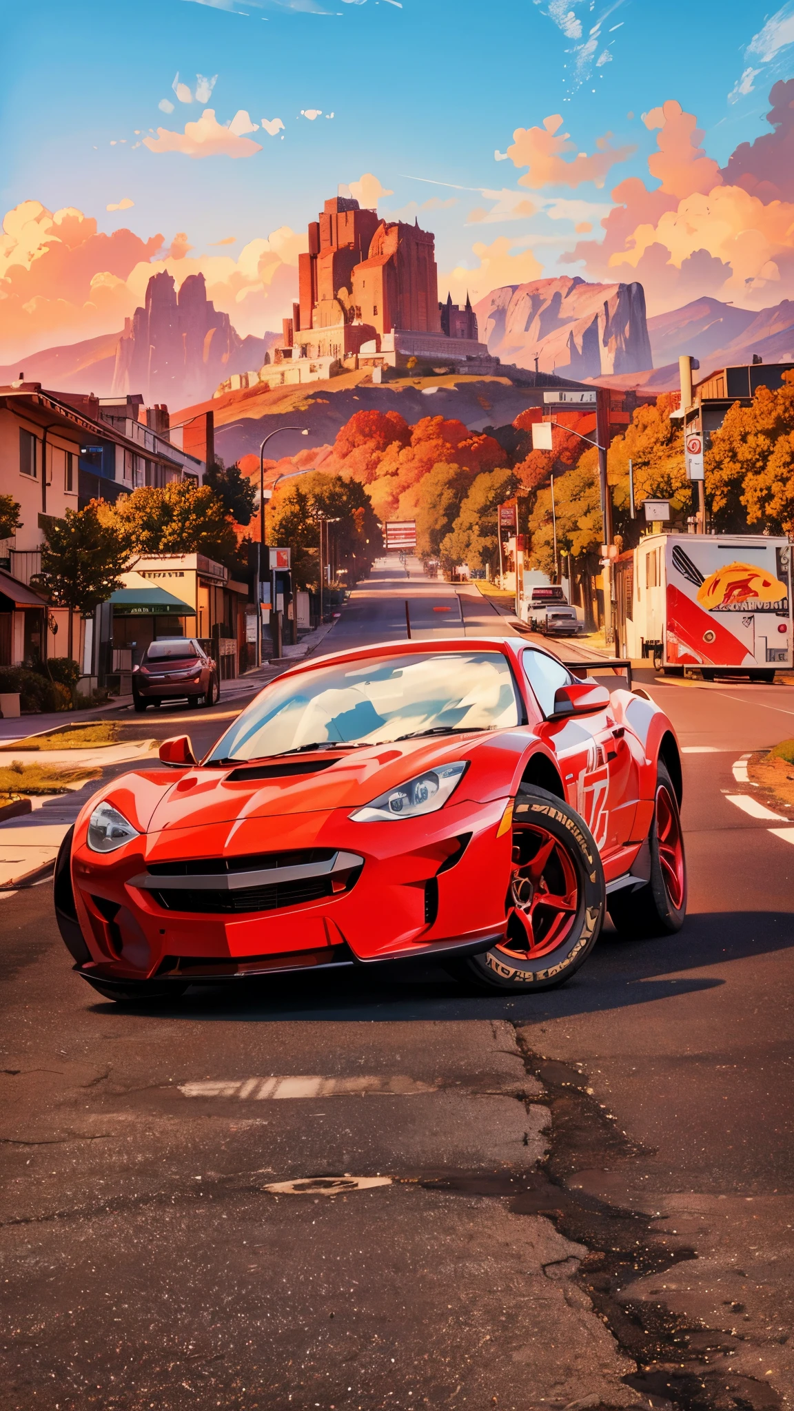 Real life adaption of this car, red color,(realistic same decal) ,realistic same background , realistic light, realistic shadow, realism, hyper realistic,(photorealistic:1.2), 