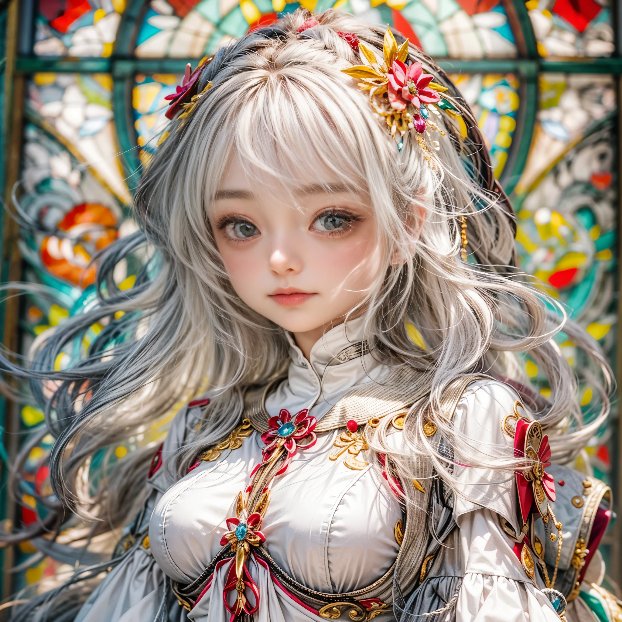 KAWAII girl in ((WHITE loose opened uniform)), with Glossy RED lips, (Exposed:0.7), (nipple:-1), { Extremely closeup | Dynamic-angle }, ((Dazzling stained glass Background)), (( colorful Light pours down from stunning elaborate stained glass:1.2)), vivid Red colors . ((Acutance:0.8, physically-based 3D rendering with Volumetric lighting)), (masterpiece:1.2), (ultra-detailed:1.35), (realistic, photorealistic, ((photo-realistic:1.37))with touch of rawness) . ((Renbutsu Misako)), (Extremely detailed KAWAII face variations, with Dynamic expressions),  detailed eyes with sparkling highlights, captivating gaze, long eyelashes, subtle blush on the face, rosy cheeks, impeccable ivory skin texture . { full of flowers covering girl's body | Mystic sight | God rays | haze | Light Particle | Luminous Particle | Lens Flare | A Halo in the air | Overflowing underboob | Button Undoned } . (((Unaligned fingers:-0.9))) .