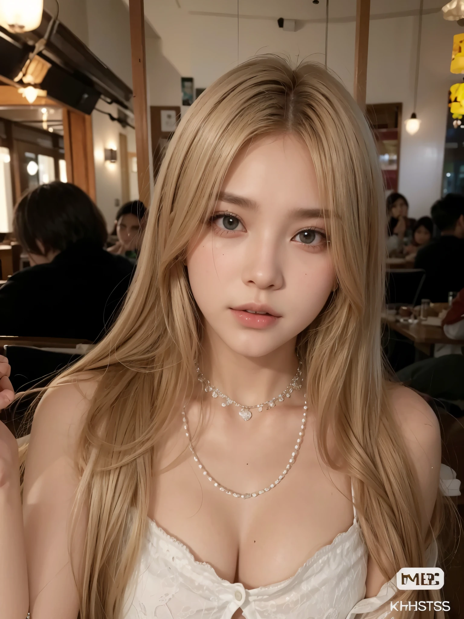 um close up de uma mulher com longos cabelos loiros vestindo uma camisa branca decotada, grandes seios, her hair is white, cabelo loiro muito claro, coreana, com longos cabelos brancos, korean idol, com cabelos longos brancos, 18 anos de idade, melhor qualidade, 4k, busto grande.