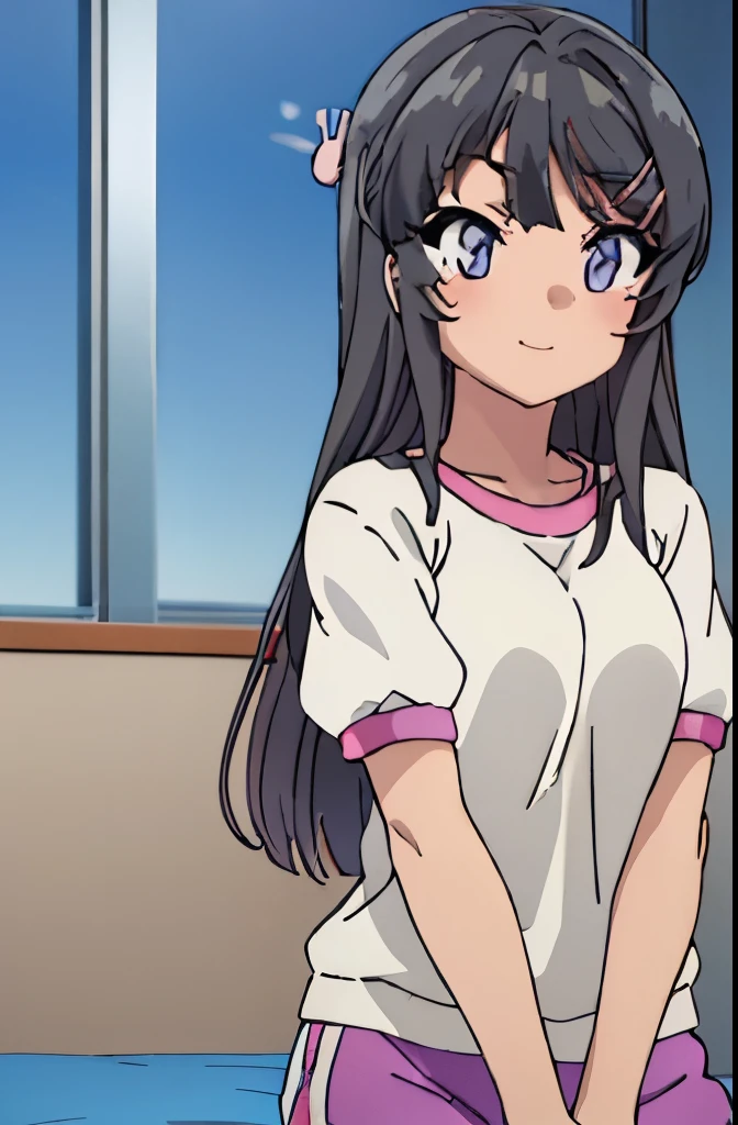 ((muste piece)), ((best quality)), (Super detailed), anime style etc., peeing on the bed, pretty girl, 1 girl, sottle:1.2), Gym Shorts 00, ((beautiful eyes))0, shy smile