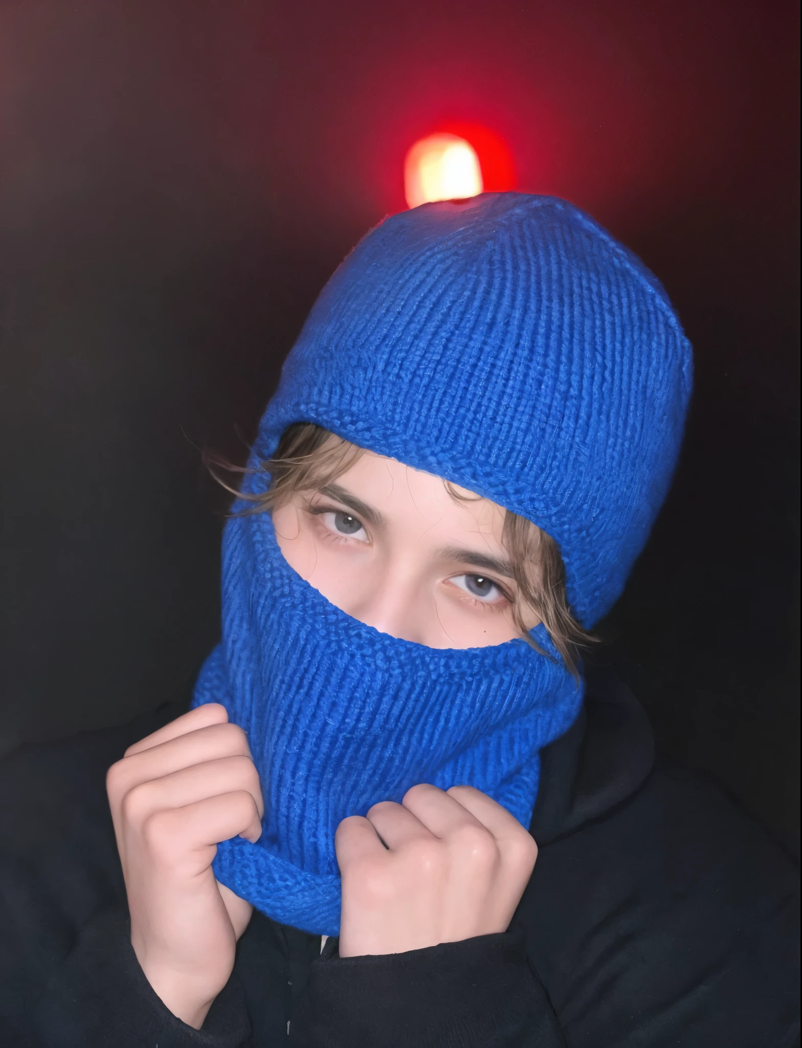 arafed man wearing a blue Sombrero de punto and a blue scarf, ski mask, ski masks, SkiMask, balaclava, capucha, man wearing a closed capucha, balaclava mask, balaclava covering face, hooded capucha, Sombrero de punto, xqc, Cara cubierta, sin ojos, con un sombrero raro, Album cover!