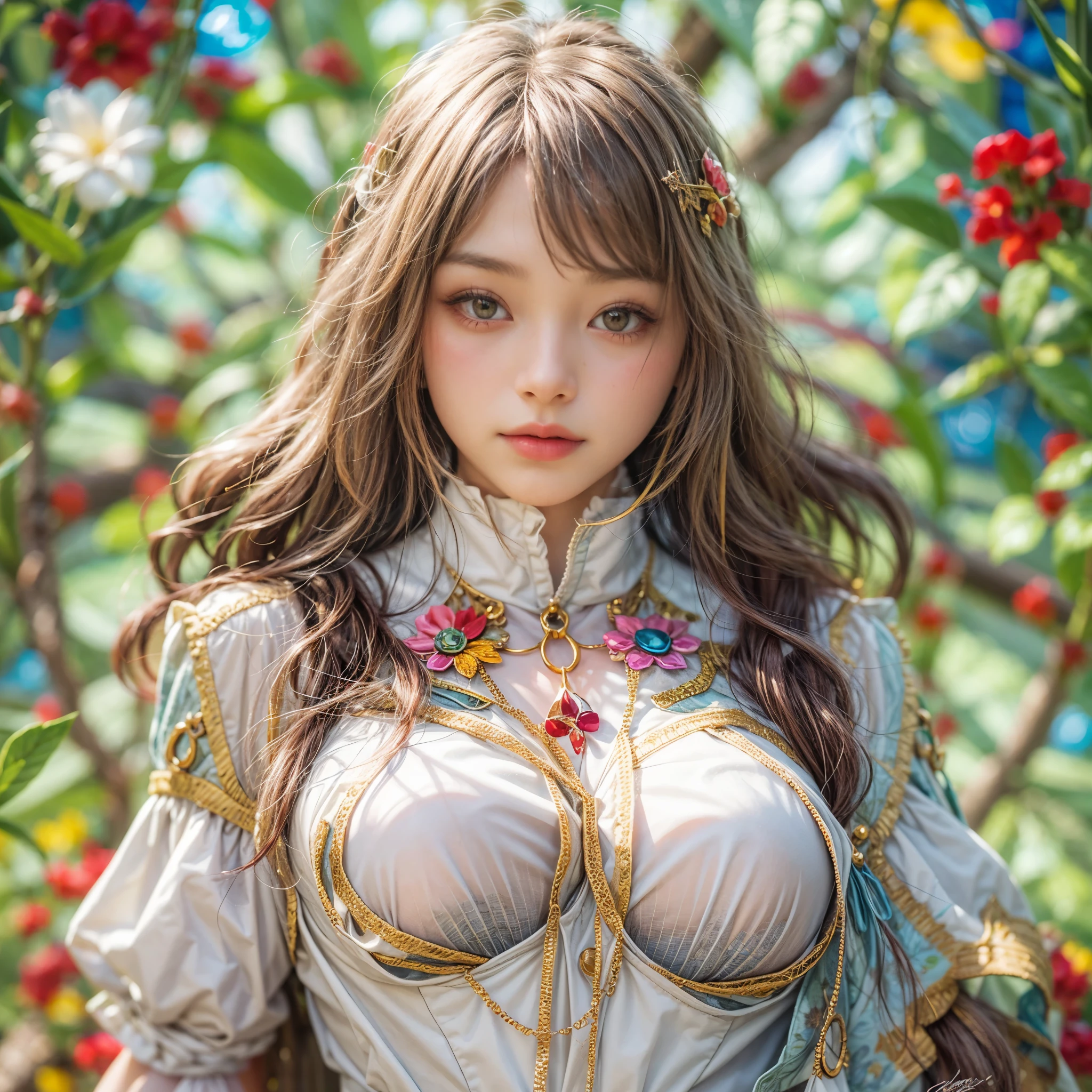 KAWAII girl in ((WHITE loose opened uniform)), with Glossy RED lips, (Exposed:0.7), (nipple:-1), { Extremely closeup | Dynamic-angle }, ((Dazzling stained glass Background)), (( colorful Light pours down from stunning elaborate stained glass:1.2)), vivid Red colors . ((Acutance:0.8, physically-based 3D rendering with Volumetric lighting)), (masterpiece:1.2), (ultra-detailed:1.35), (realistic, photorealistic, ((photo-realistic:1.37))with touch of rawness) . ((Renbutsu Misako)), (Extremely detailed KAWAII face variations, with Dynamic expressions), detailed eyes with sparkling highlights, captivating gaze, long eyelashes, subtle blush on the face, rosy cheeks, impeccable ivory skin texture . { full of flowers covering girl's body | Mystic sight | God rays | haze | Light Particle | Luminous Particle | Lens Flare | A Halo in the air | Overflowing underboob | Button Undoned } . (((Unaligned fingers:-0.9))) .