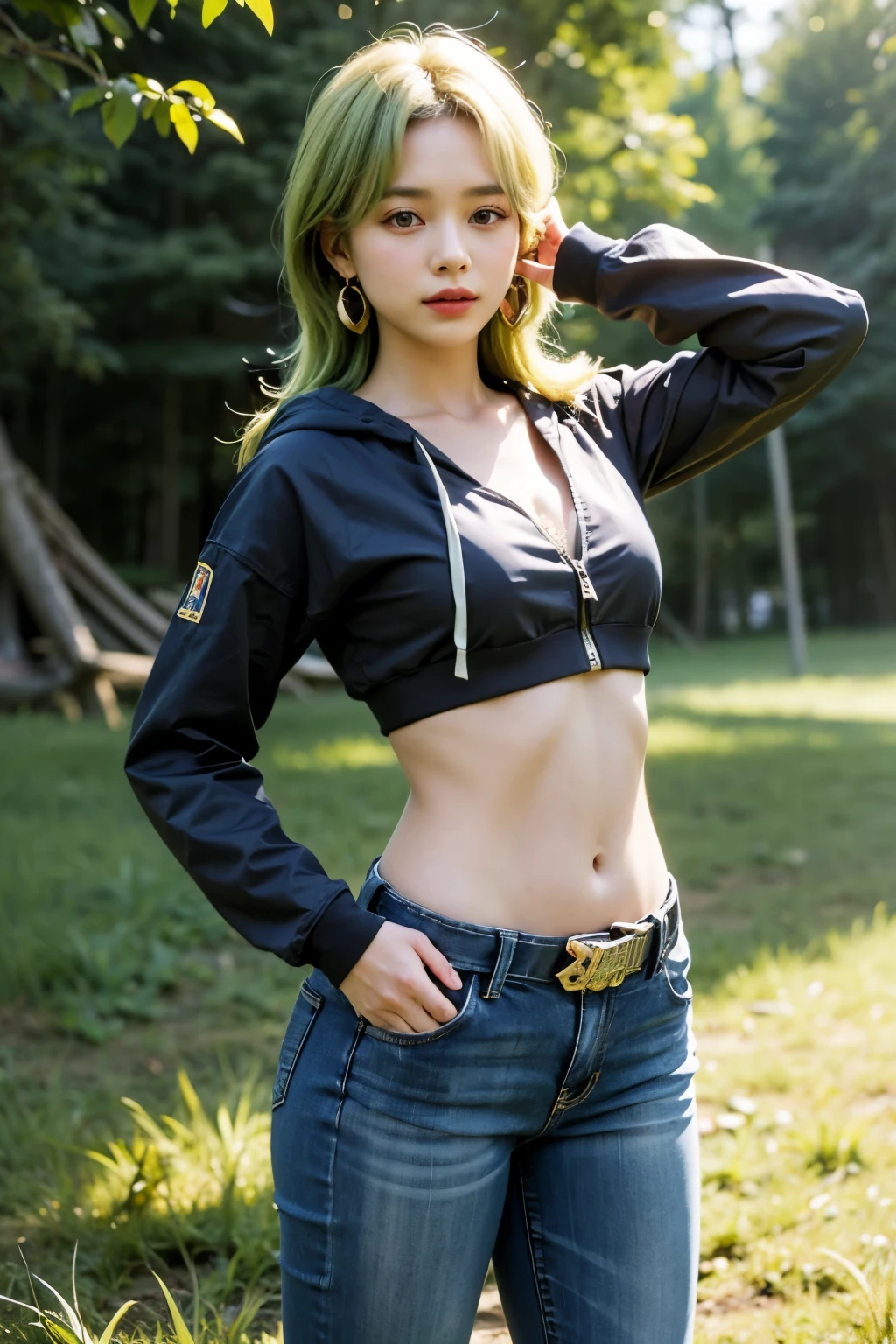 ((long sleeved zip hoodie, long jeans, gold belt)), ((midriff, navel)), looking at viewer, smile, rainforest, fashion pose, hands in pocket, (cinematic lighting, best quality, masterpiece, high details, best quality, highres, HD, 4K, 8k, super detail), green hair, purple eyes, hairclip, earrings, jewelry