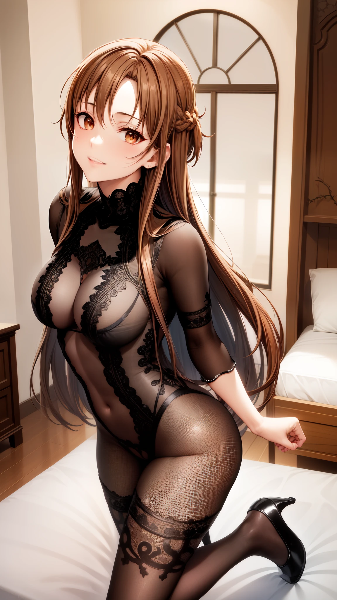 anime, beautiful face, highly detailed face, (2 accurate legs:1), light brown detailed eyes, highly detailed background, perfect lighting, accurate arms, accurate hands, accurate fingers, 1girl, solo, yuuki asuna, sword art online, solo, detailed heels, beautiful brown hair, detailed thighhighs, absurdres, high res, ultrasharp, 8K, masterpiece, looking at viewer, teasing smile, indoors bedroom background, (in a bedroom:1.2), BREAK (detailed black sexy body stocking:1.3), (intricate all lace:1.6), (transparency:1.8), (detailed black heels:1.2), dynamic view, (arching back:1.4), (sexy pose:1.4), hands on chest, view from behind, ass view