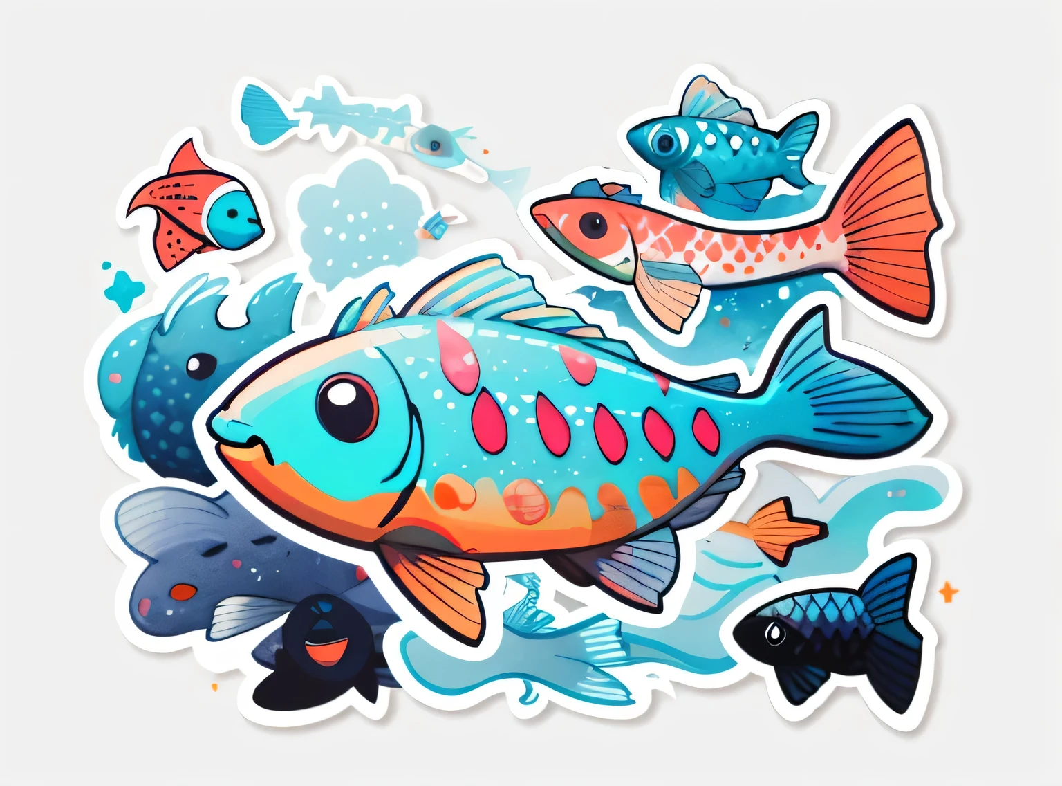 1 adesivo, (adesivos, peixe simples), aquarela, fundo branco, fundo simples, minimum, pequeno, cor pastel, estilo vetorial, sem gradiente,