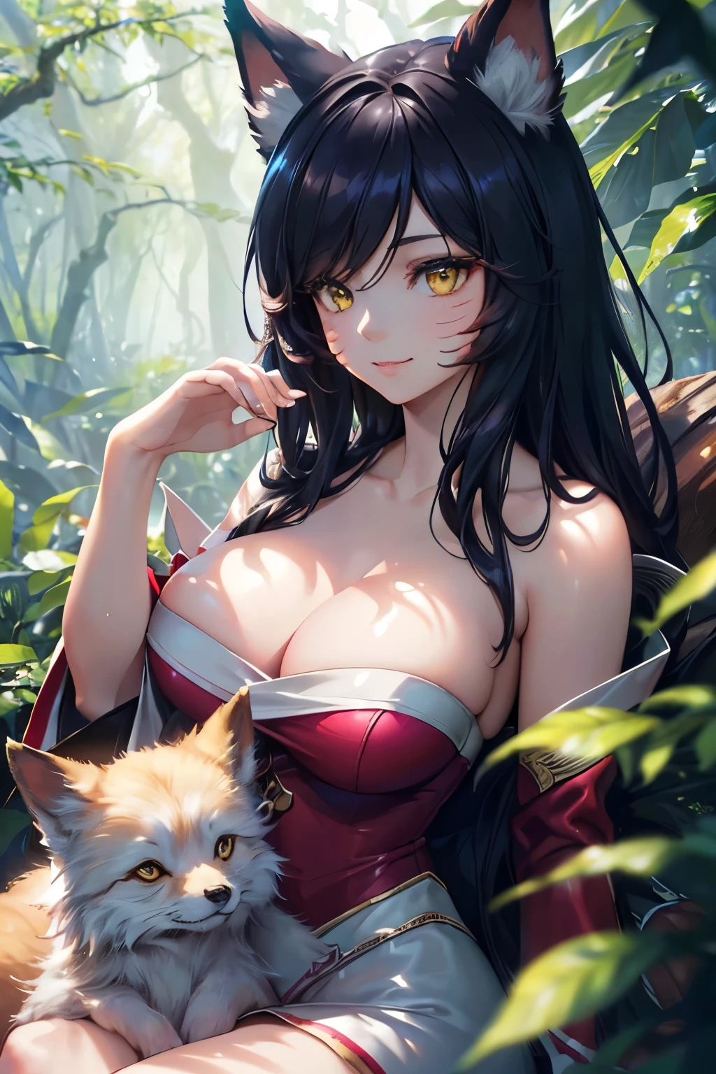 (best quality,4k,8k,highres,masterpiece:1.2),ultra-detailed,(realistic,photorealistic,photo-realistic:1.37),Ahri sitting in a lush forest,smiling happily,enjoying the tranquil surroundings,surrounded by vibrant green leaves and tall,ancient trees,small red fox sitting on her lap,gently purring,content.