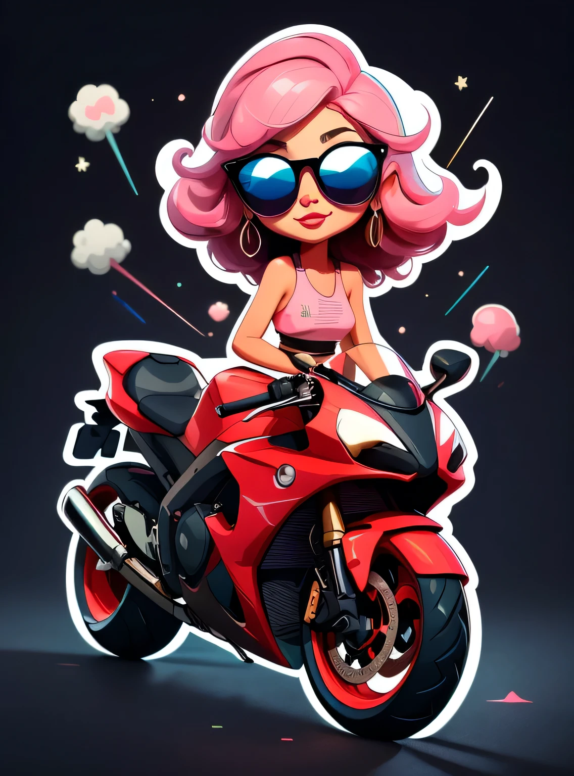 1 adesivo, manual, (adesivo, uma garota estilosa, modelo, Top rosa, escolha tingir o cabelo, oculos de sol, Cool Trend Motorcycle), fundo preto, fundo simples, minimum, Bonitinho, pequeno, cor pastel, estilo vetorial, sem gradiente,