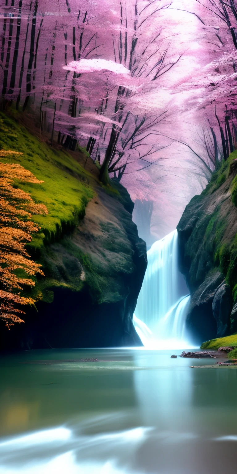 analog style,ChromaV5,nbing punk,(Highly detailed CG Unity 8K wallpaper),The image of a majestic river, Side trees々, tiny waterfall, Intense fog ,award winning photography, chromatic aberration, be familiar with , HDR, bloom, Monet's style, Hisaka, and sisley ,Trending with ArtStation, trending on cgsociety, The Art of Mid-Journey