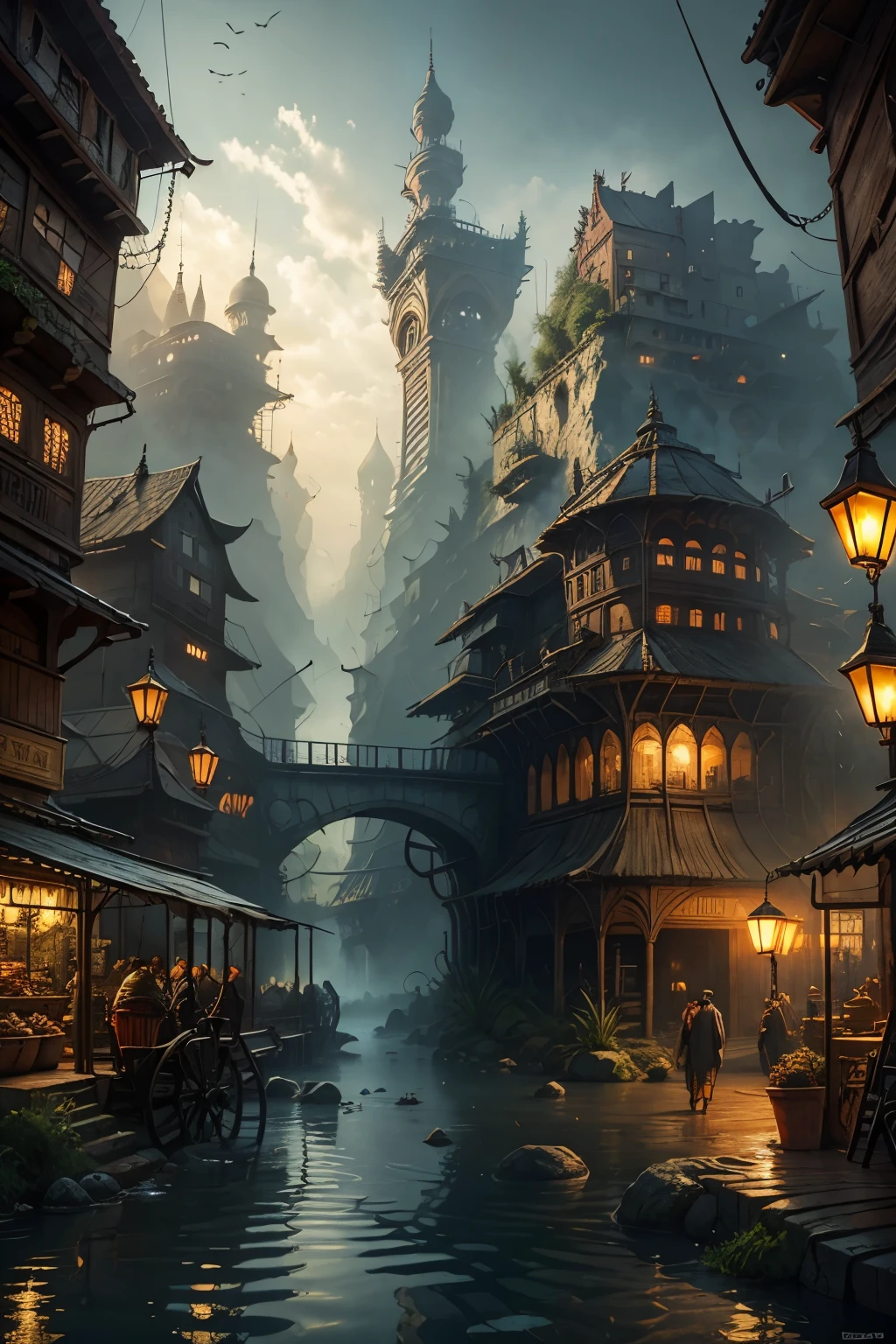 industrial age cities, deep valley in the middle, Construction of roads, bazaars, bridge, Wet day, steampunk, European architecture