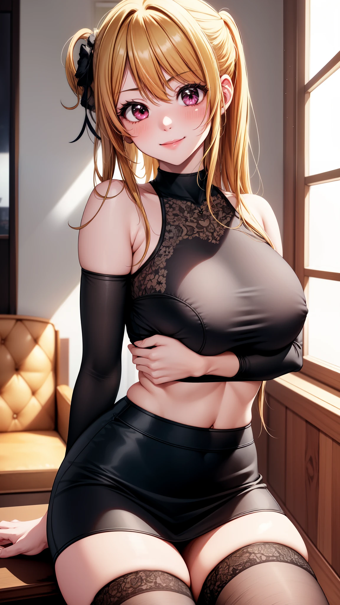 anime, beautiful face, highly detailed face, 2 accurate legs detailed eyes, highly detailed background, perfect lighting, accurate arms, beautiful blonde hair, accurate hands, accurate fingers, full body, 1girl, solo, ruby hoshino, oshi no ko, indoors, detailed heels, black heels, detailed thighhighs, absurdres, high res, ultrasharp, 8K, masterpiece, looking at viewer, teasing smile, in a private room, in a nightclub booth, medium sized breasts, (perfect hands:1), (hands on breast:1.2), beautiful black panties, nsfw, pencil skirt lift