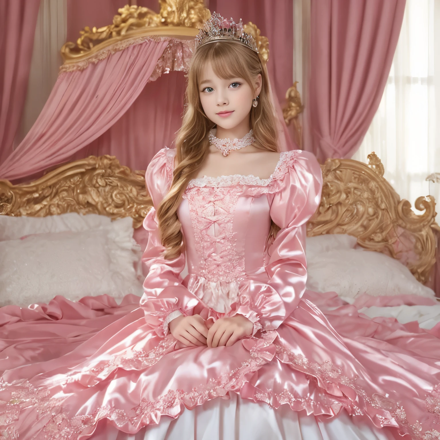 ,highest quality, masterpiece, highest resolution, artwork, super それにget used to it, many get used to it, get used to it, それにget used to it, 3K realistic photos,,(( When I was 10 years old)),Super detailed baby face,She is a princess,Full length ball gown dress with hoop skirt,ruffled yoke collar,puff sleeves,long sleeve,((Lolita style hot pink detailed princess satin dress、Comes with lots of frills and ribbons。)),colorful rococo fashion,shiny satin dress,Soft and smooth fabric,luxury,long blonde hair,blue eyes,white skin european,pajamas,((inside the palace)),,,(( When I was 10 years old)),Super detailed baby face,Full length ball gown dress with hoop skirt,long skirt,ruffled yoke collar,puff sleeves,腰まで伸びるlong blonde hair,blue eyes,white skin european,pajamas,((inside the palace bedroom)),ピンクのシルクサテンのluxuryなcanopy bedの上,canopy bed,Luxury curtains on both sides of the bed,many frilly pillows on the bed,super detailed background,Detailed bed,silk satin bed sheets,soft silk satin comforter,Soft silk satin ruffled pillow in pastel colors,romantic atmosphere,little princess is sitting on the bed,Don'Don't put your feet out to the side,Beautiful girl illustration,detailed beautiful face detailed hair,detailed human eye ,detailed mouth, arm details,fine hands,Detailed pillow,