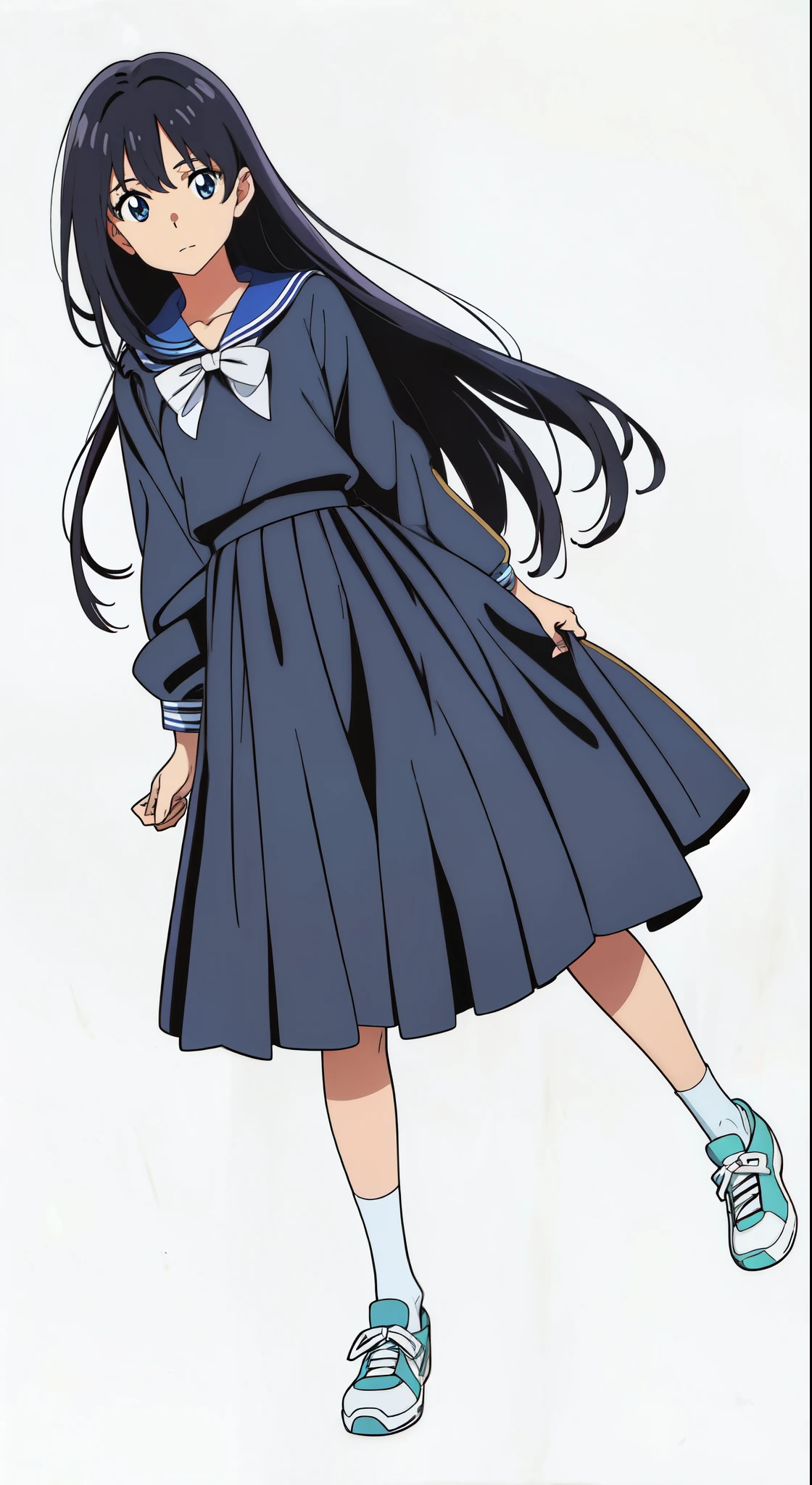 (white background:1.0), (anime:2.0), (official art:2.0), (best quality:2.0), (masterpiece:1.0), (full body:1.0), (solo:1.0), (a 15yo cute girl:1.5), (long skirt:1.25), (dark blue skirt:1.0), (pleated skirt:1.0), (dark blue sailor uniform:1.25), (long sleeve sailor uniform:1.0), (sneakers:1.0), (white socks:1.25), (ideal ratio body proportions:1.25), (lanky:1.25), (tall:1.25), (slender:1.25), (small breasts:1.25), (smaller face:1.25), (tareme:1.5), (detailed beautiful eyes:1.5), (detailed beautiful face:1.5), (glowing black eyes:1.0), (medium hair:1.0), (black hair:1.0)