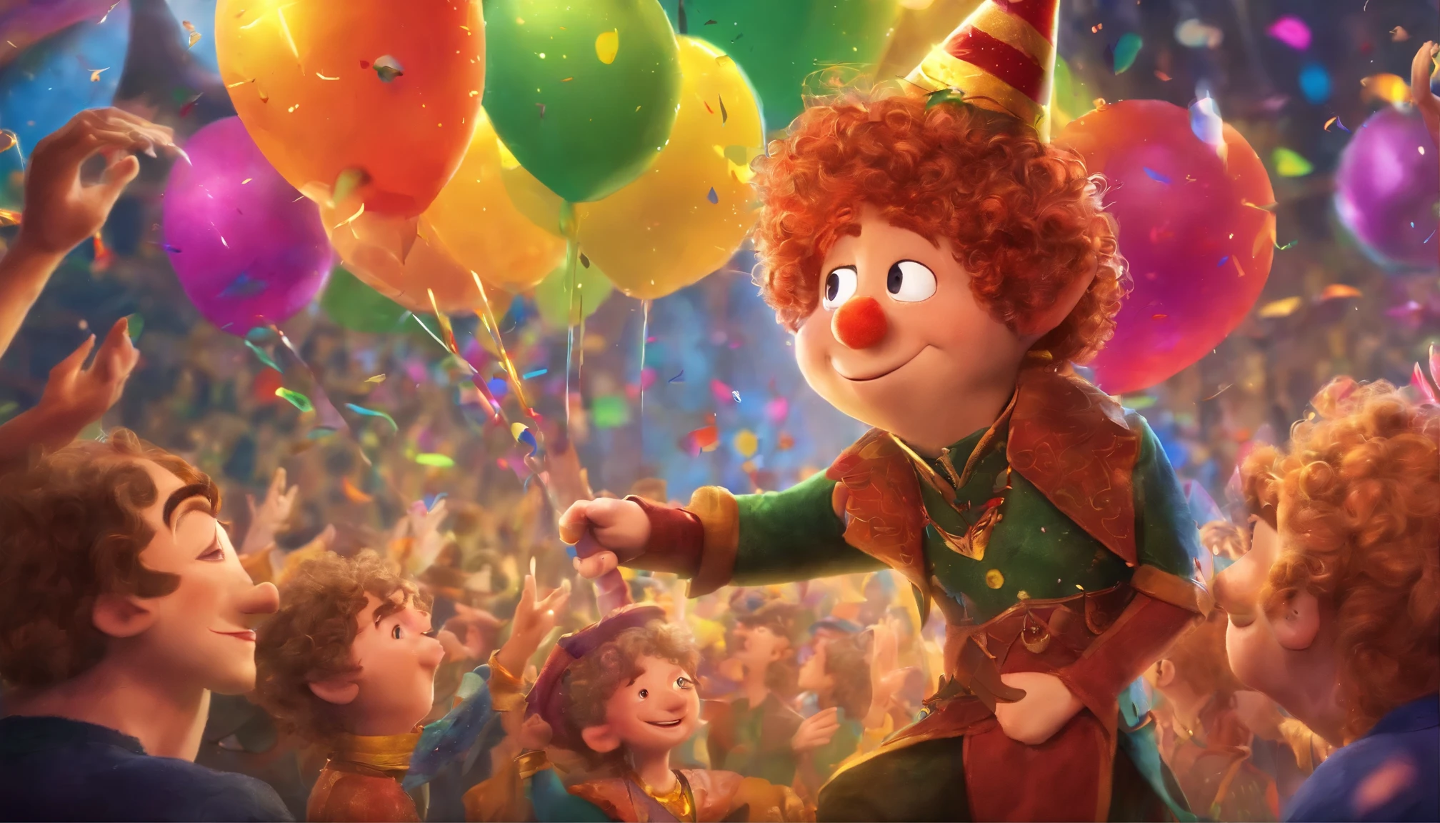 The grand finale features Pippin and the Muppets taking a bow under a rain of confetti.
The confetti is colorful and sparkly, creating a magical moment of celebration.
The audience is seen standing, applauding, and cheering for the fantastic show.Pippin features a wide, friendly grin with rosy cheeks and bright, expressive eyes.
His eyes have a playful spark, and he sports distinctive eyebrows that convey mischievousness.
Pippin's nose is small and button-like, contributing to his whimsical appearance.
His lips are curved into a smile, reflecting a joyful and mischievous expression.
The puppet's hair is curly, covering his ears and neck, offering an animated and lively look.
Pippin is clean-shaven without any facial hair. all feature of Pippin are in line with Prompts Txt2Img
He is not wearing a clown cap or any additional accessories.