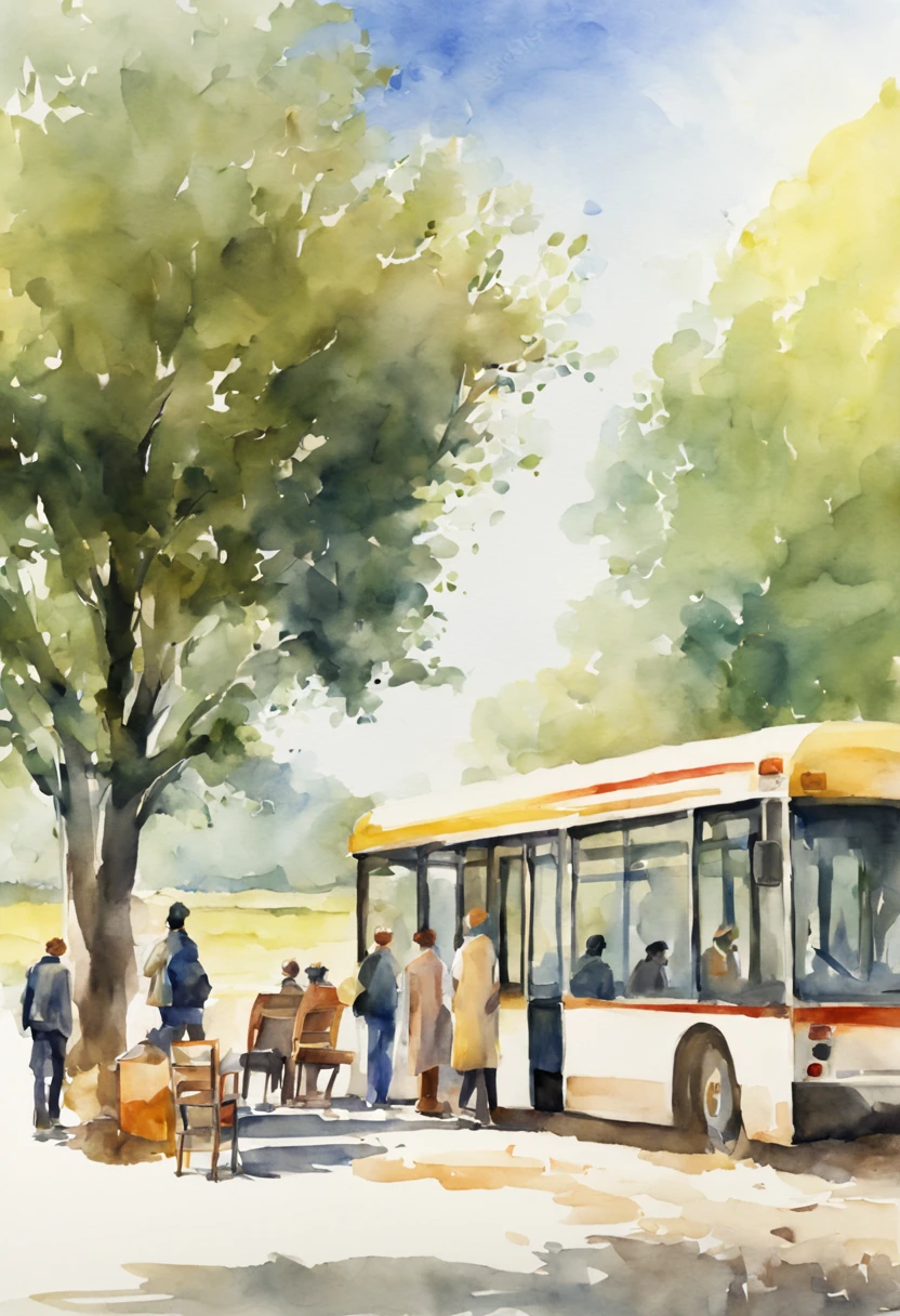 Bus stop landscape, countryside, long countryside, people waiting for bus, chairs, bright sunlight, watercolor, 4k image