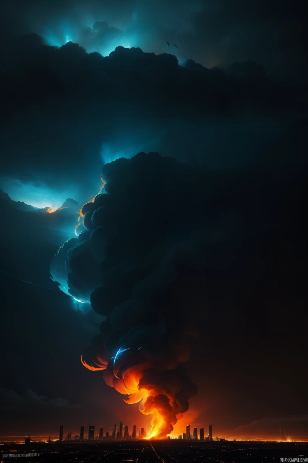 A mesmerizing phoenix with vibrant orange and blue feathers ascends through the night sky, leaving a trail of glowing embers behind. The phoenix's wings emit radiant flames, illuminating the surrounding darkness. The cityscape below lies in ruins, bathed in the ominous glow of the destructive blaze. In the horizon, the silhouettes of predatory birds take flight, adding to the chaotic scene. Flames lick the clouds above, engulfing the ominous and ominous canvas in a spectacular spectacle of fiery fury. --s2
High-definition, surrealistic, hyperrealistic, dramatic, dark background, city