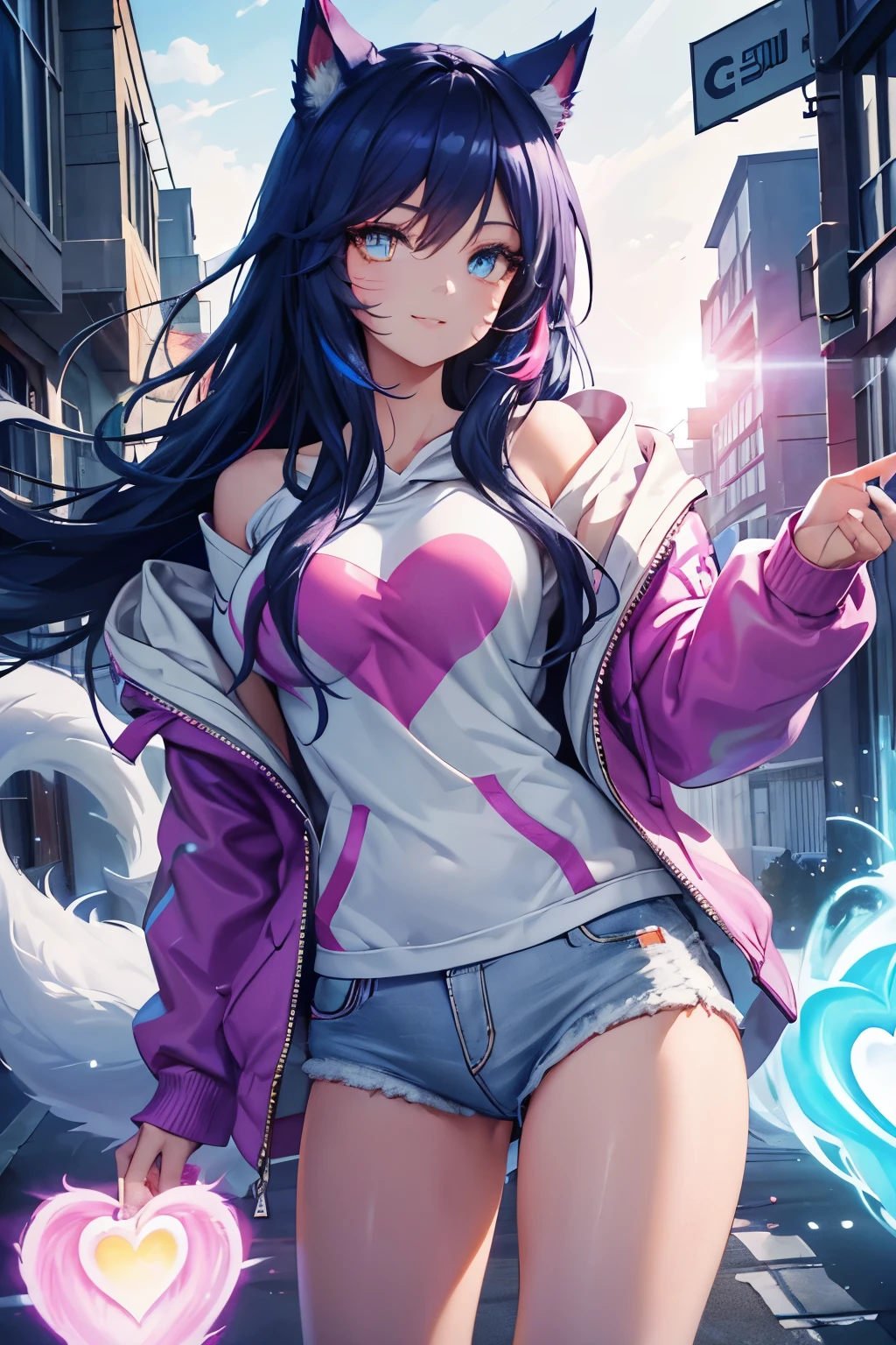 Ahri wearing a casual light grey hoodie,short jeans, beautiful detailed eyes, smiling face, longeyelashes, her tails forming a heart shape behind her, standing on a sidewalk, sun shining, vivid colors, photo-realistic, portraits, medium:illustration. (best quality,ultra-detailed,HDR,colorful vivid appearance,studio lighting)