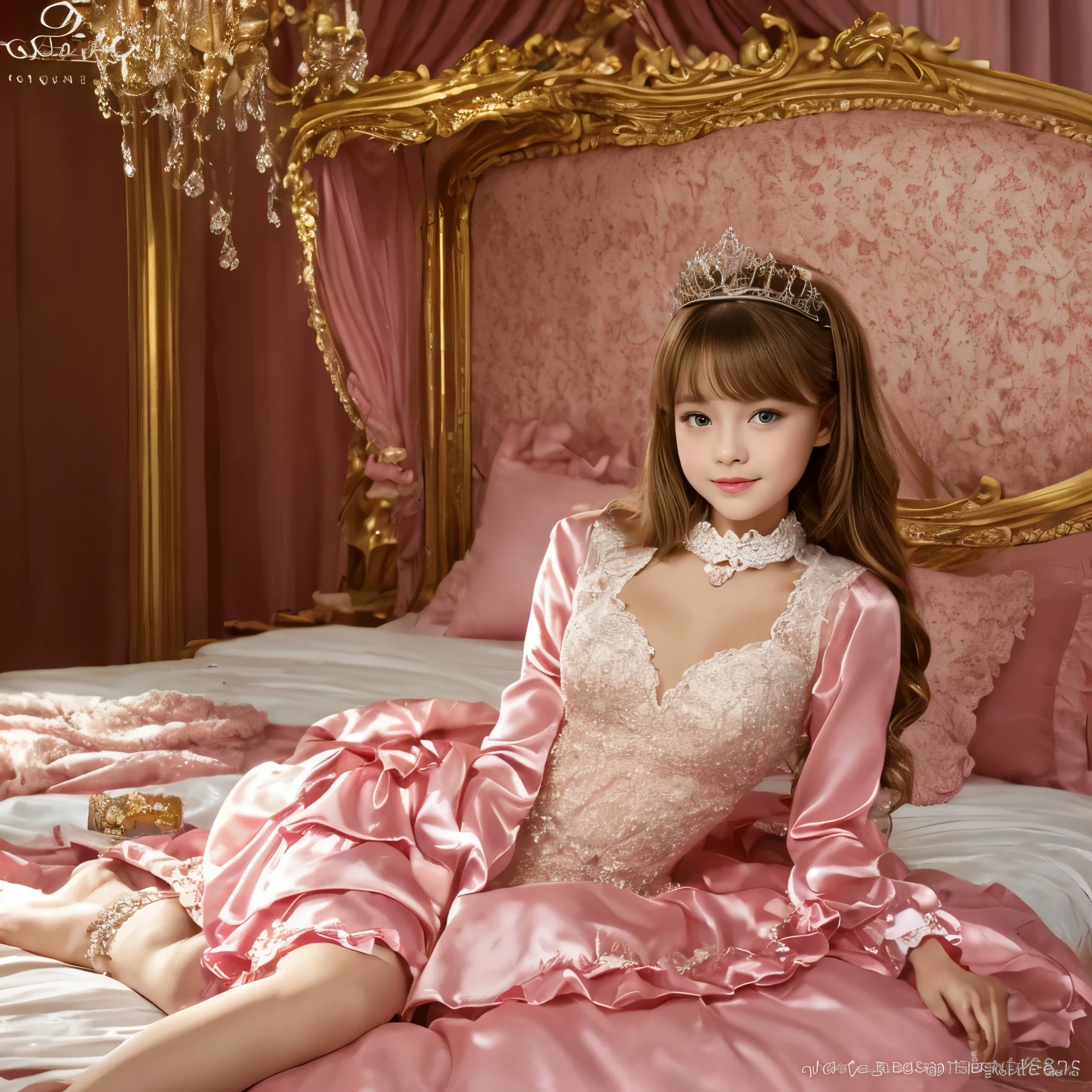 ,highest quality, masterpiece, highest resolution, artwork, super それにget used to it, many get used to it, get used to it, それにget used to it, 3K realistic photos,,(( When I was 10 years old)),Super detailed baby face,She is a princess,Full length ball gown dress with hoop skirt,ruffled yoke collar,puff sleeves,long sleeve,((Lolita style hot pink detailed princess satin dress、Comes with lots of frills and ribbons。)),colorful rococo fashion,shiny satin dress,Soft and smooth fabric,luxury,long blonde hair,blue eyes,white skin european,pajamas,((inside the palace)),,,(( When I was 10 years old)),Super detailed baby face,Full length ball gown dress with hoop skirt,long skirt,ruffled yoke collar,puff sleeves,腰まで伸びるlong blonde hair,blue eyes,white skin european,pajamas,((inside the palace bedroom)),ピンクのシルクサテンのluxuryなcanopy bedの上,canopy bed,Luxury curtains on both sides of the bed,many frilly pillows on the bed,super detailed background,Detailed bed,silk satin bed sheets,soft silk satin comforter,Soft silk satin ruffled pillow in pastel colors,romantic atmosphere,little princess is sitting on the bed,Don&#39;Don&#39;t put your feet out to the side,Beautiful girl illustration,detailed beautiful face detailed hair,detailed human eye ,detailed mouth, arm details,fine hands,Detailed pillow,