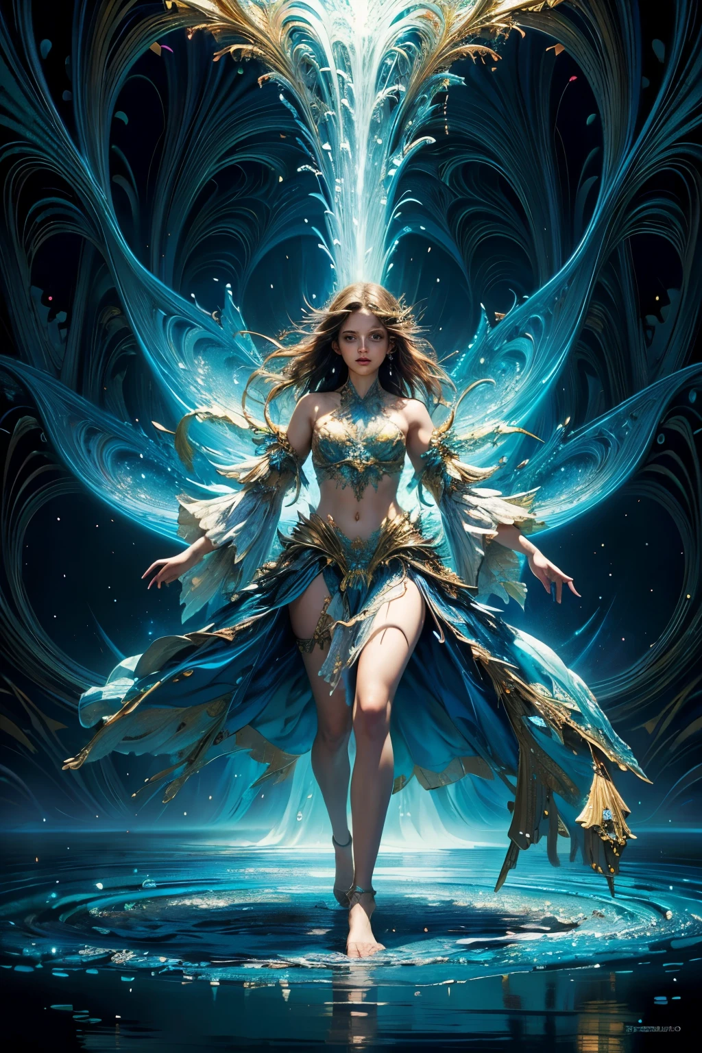 Behold a woman, detailed face, detailed eyes, detailed body, walking on water, adorned in a stunning long see-through dress, with highly detailed facial features, hands, and full body, all encompassed by water droplets.