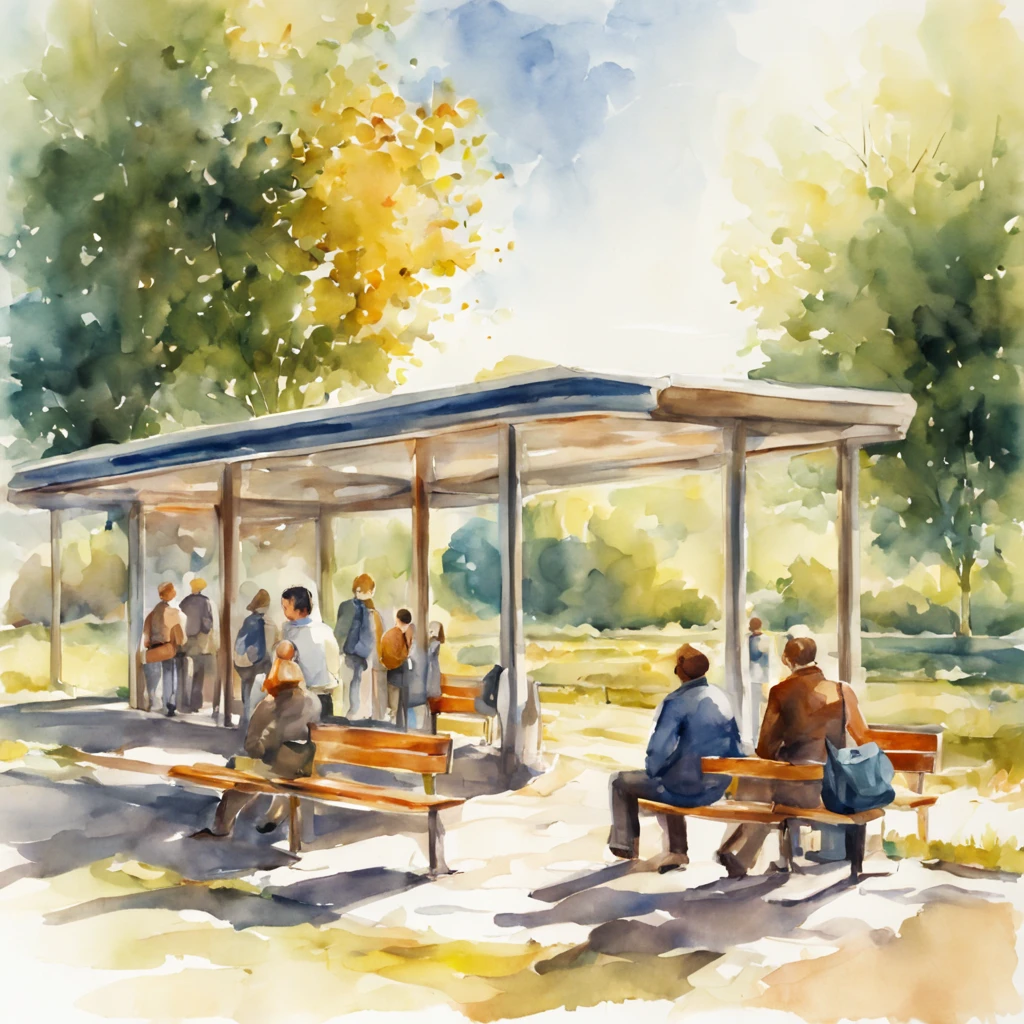 Bus stop landscape, countryside, long countryside, people waiting for bus, chairs, bright sunlight, watercolor, 4k image