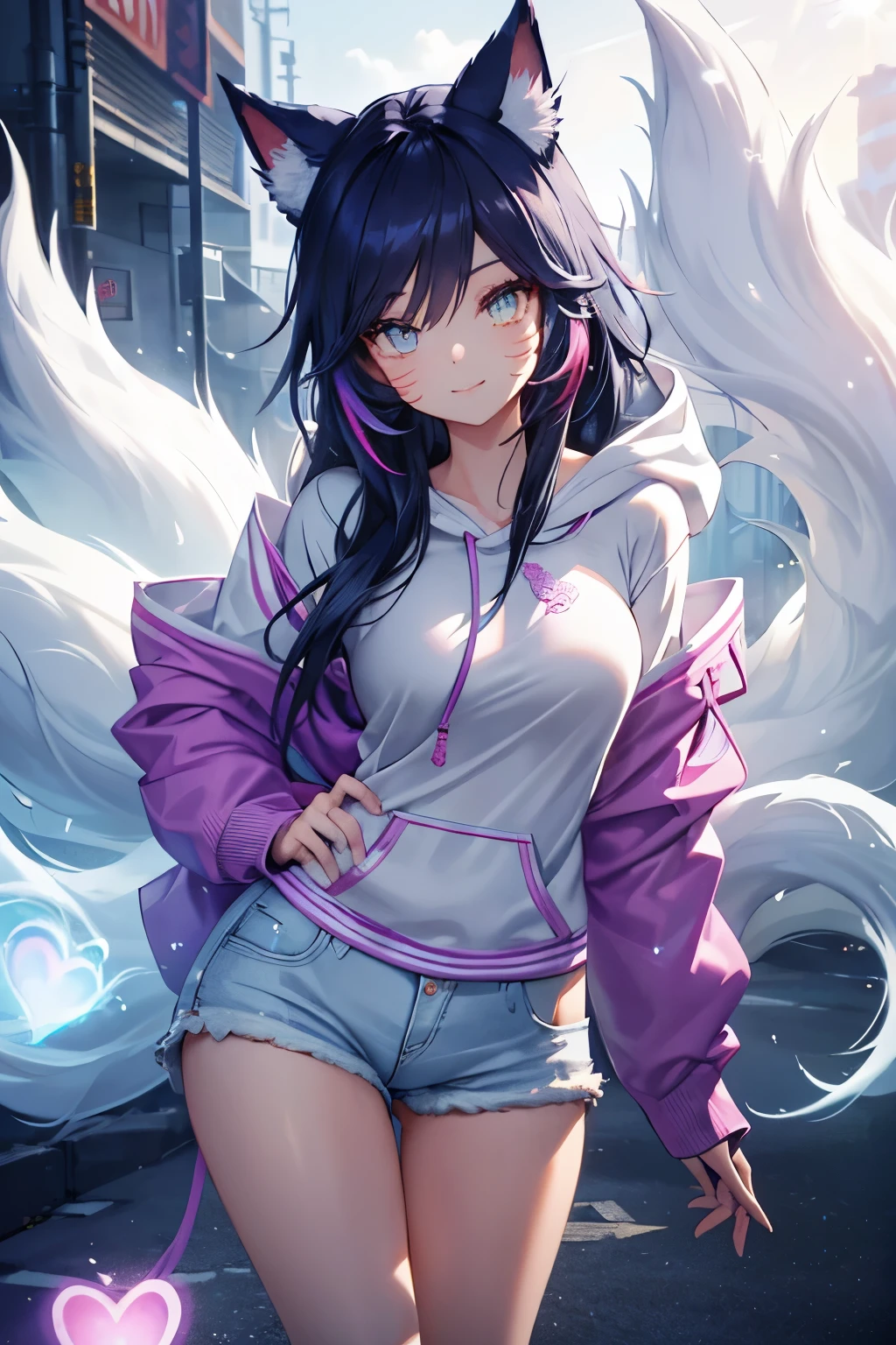 Ahri wearing a casual light grey hoodie,short jeans, beautiful detailed eyes, smiling face, longeyelashes, her tails forming a heart shape behind her, standing on a sidewalk, sun shining, vivid colors, photo-realistic, portraits, medium:illustration. (best quality,ultra-detailed,HDR,colorful vivid appearance,studio lighting)