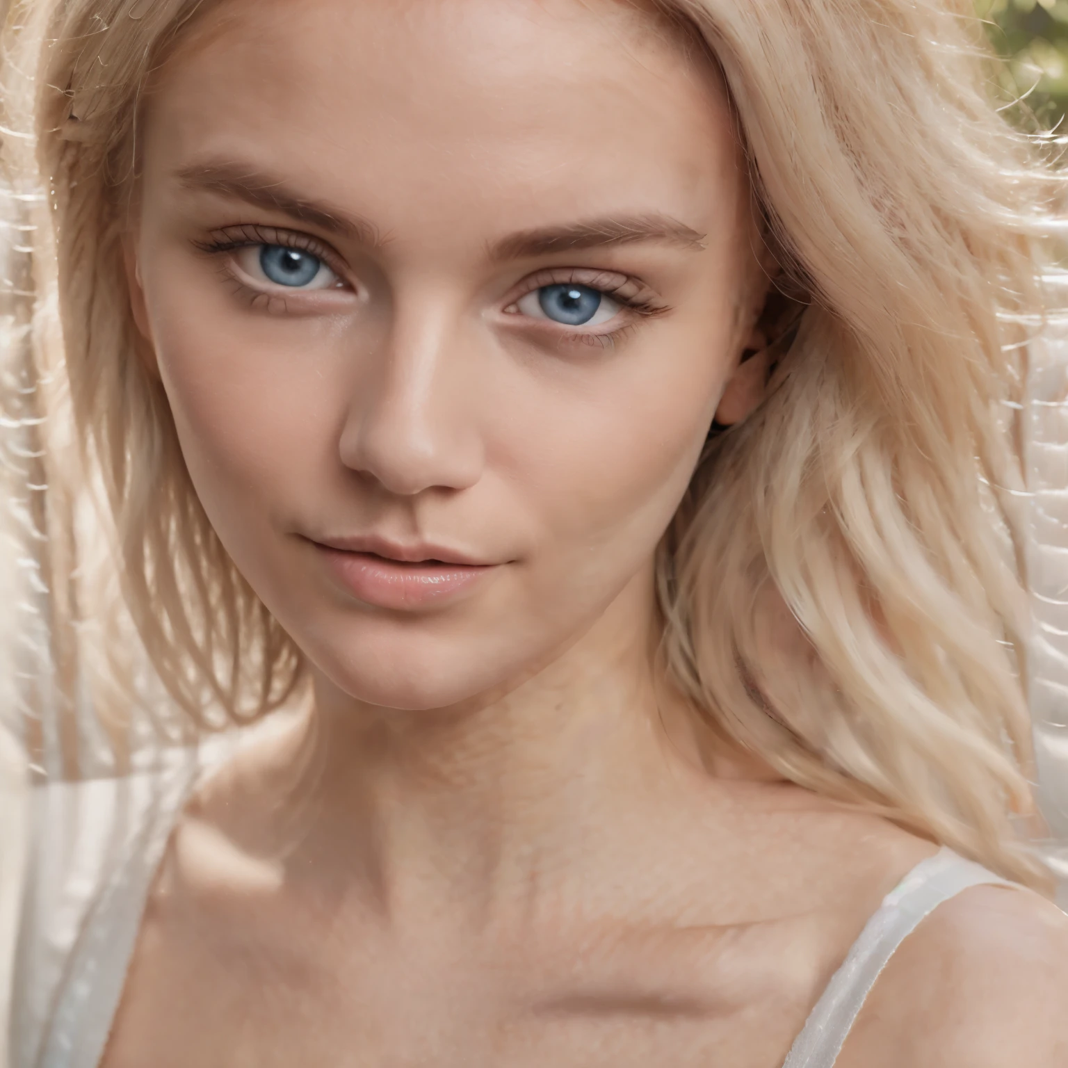 Hyper photorealistic blonde girl with a slightly sexy white T-shirt with cleavage. Her facial features are:

Complexion: fair and radiant.
Eyes: sky blue, with barely visible gray spots.
Nose: small and  straight
Lips: Full lips with a subtle curve
Cheekbones: natural High cheekbones
Expression: a bit shy