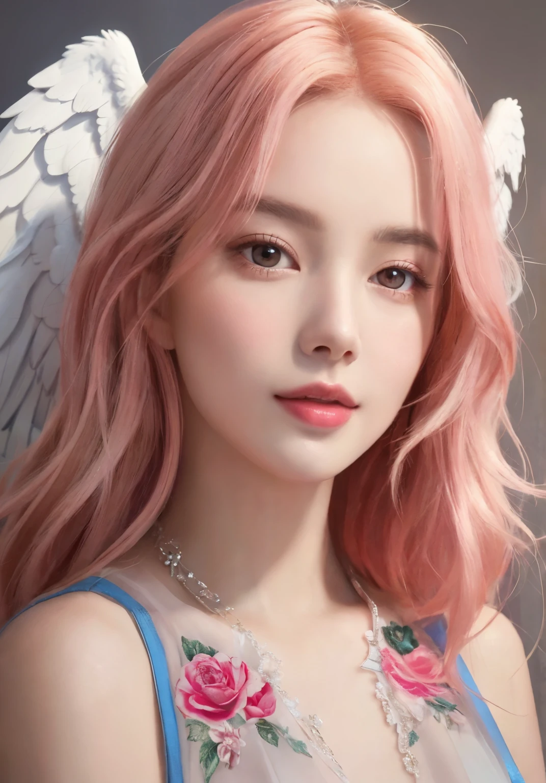 A C-cup woman with pink hair and angel wings is posing for a photo, 8K high quality detailed art, of an beautiful angel girl, beautiful angel girl portrait, cute realistic portrait, portrait of a beautiful angel, beautiful angel, angel girl, of beautiful angel, Gwaites style artwork, Realistic Digital Art 4k, realistic digital art 4k