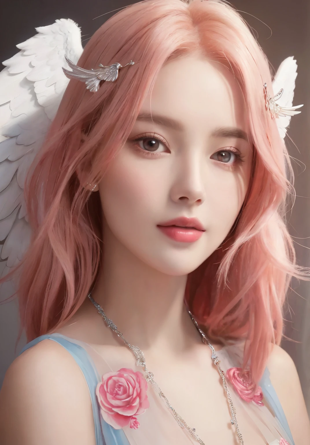 A C-cup woman with pink hair and angel wings is posing for a photo, 8K high quality detailed art, of an beautiful angel girl, beautiful angel girl portrait, cute realistic portrait, portrait of a beautiful angel, beautiful angel, angel girl, of beautiful angel, Gwaites style artwork, Realistic Digital Art 4k, realistic digital art 4k